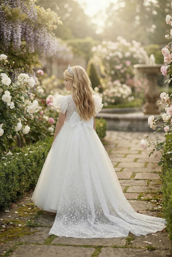 Puff Sleeve Lace White Tulle Full Length Train Flower Girl Dresses with V Back Big Bow