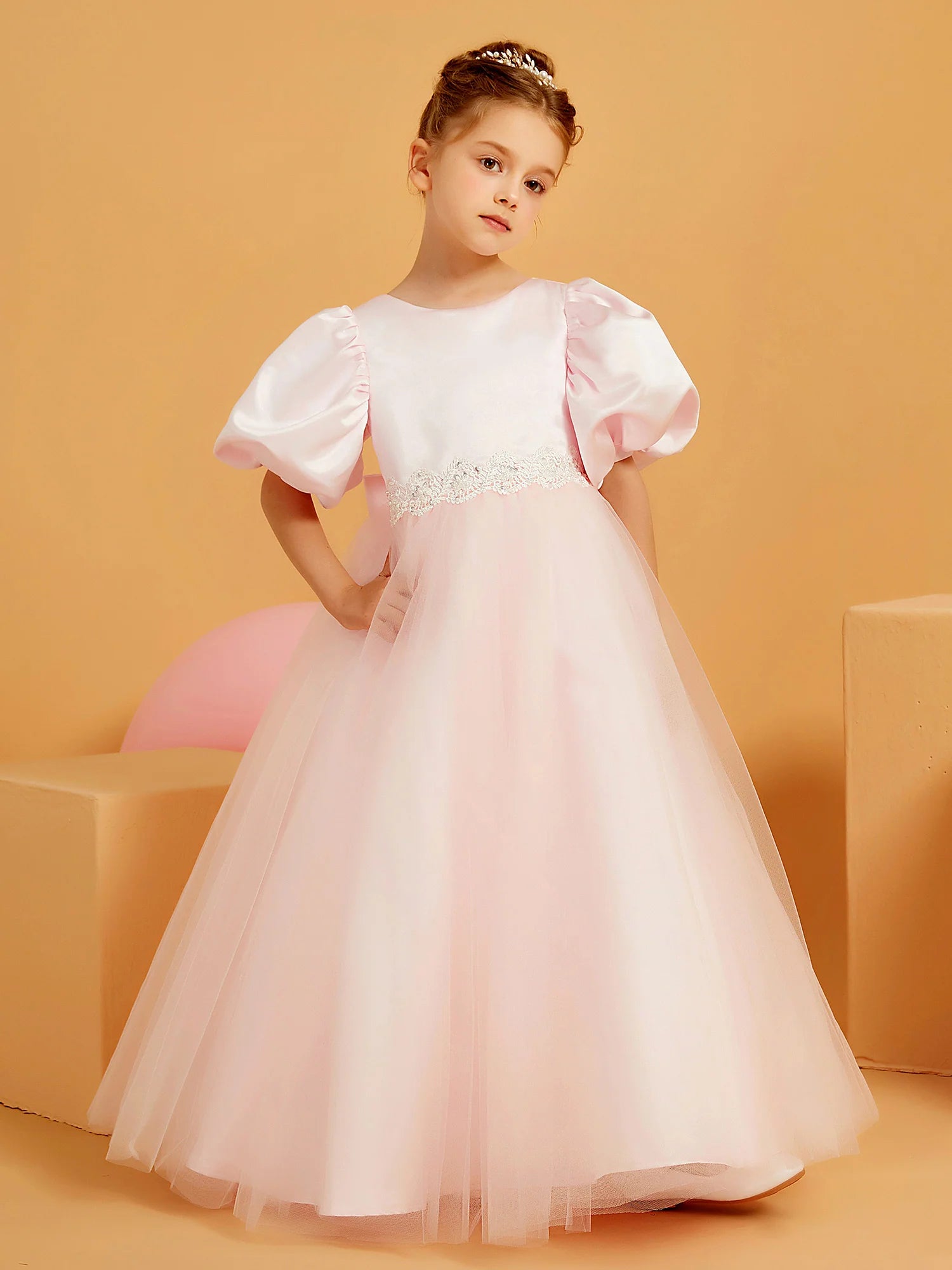 Puff Sleeve Round Neck V Back Lace Waist Big Bow Blush Pink Tulle Floor Length Flower Girl Dresses