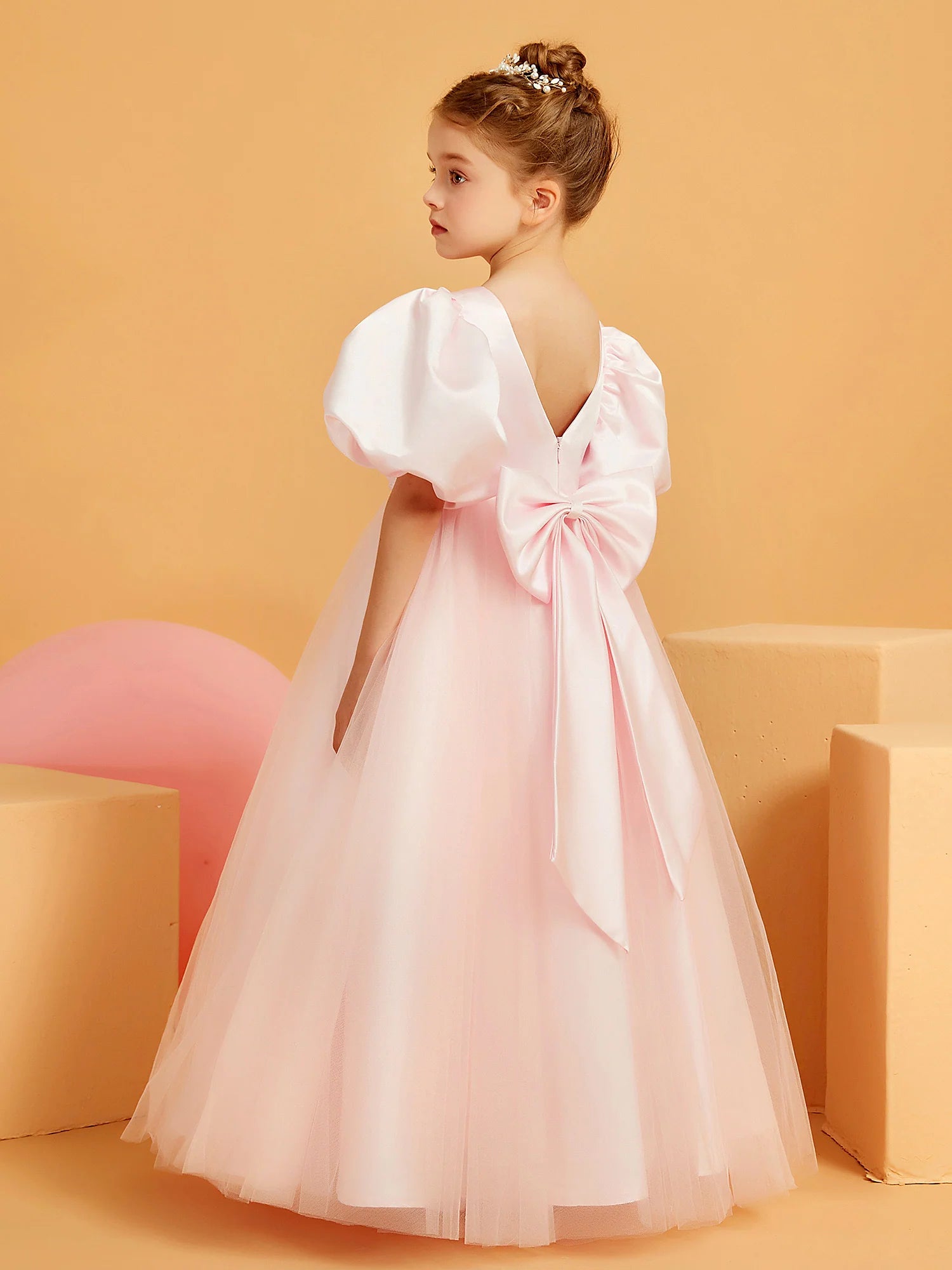 Puff Sleeve Round Neck V Back Lace Waist Big Bow Blush Pink Tulle Floor Length Flower Girl Dresses