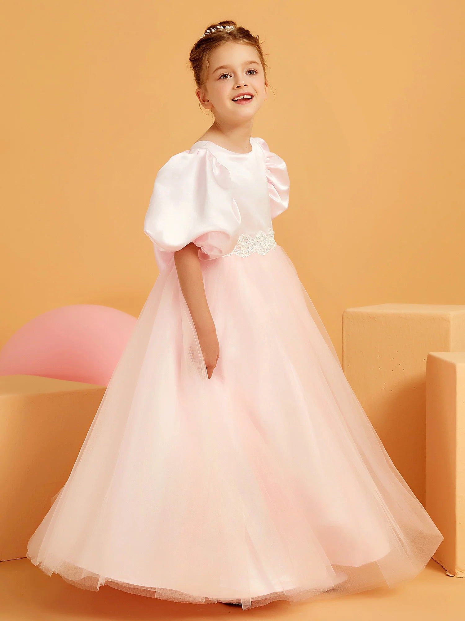 Puff Sleeve Round Neck V Back Lace Waist Big Bow Blush Pink Tulle Floor Length Flower Girl Dresses