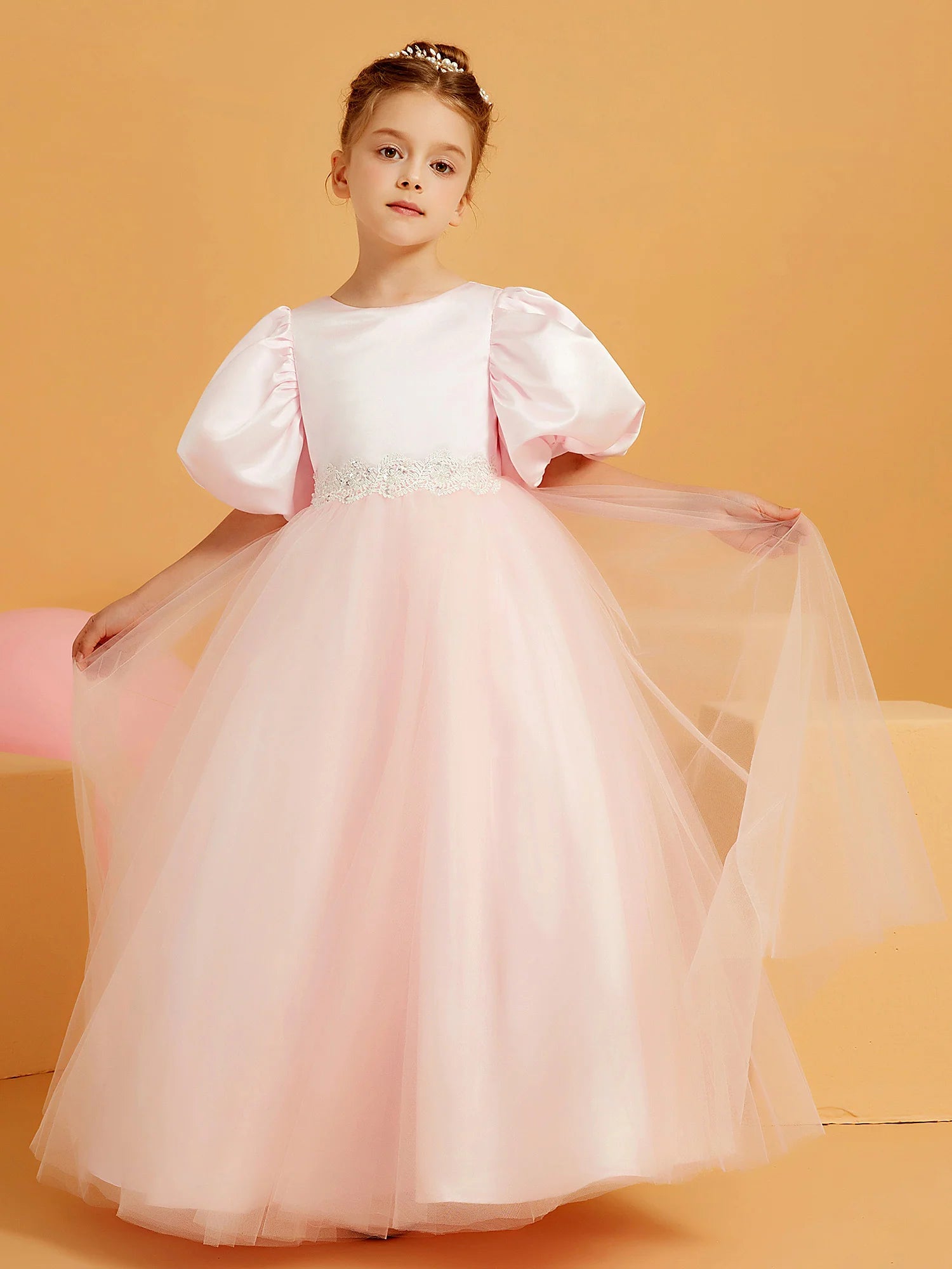 Puff Sleeve Round Neck V Back Lace Waist Big Bow Blush Pink Tulle Floor Length Flower Girl Dresses