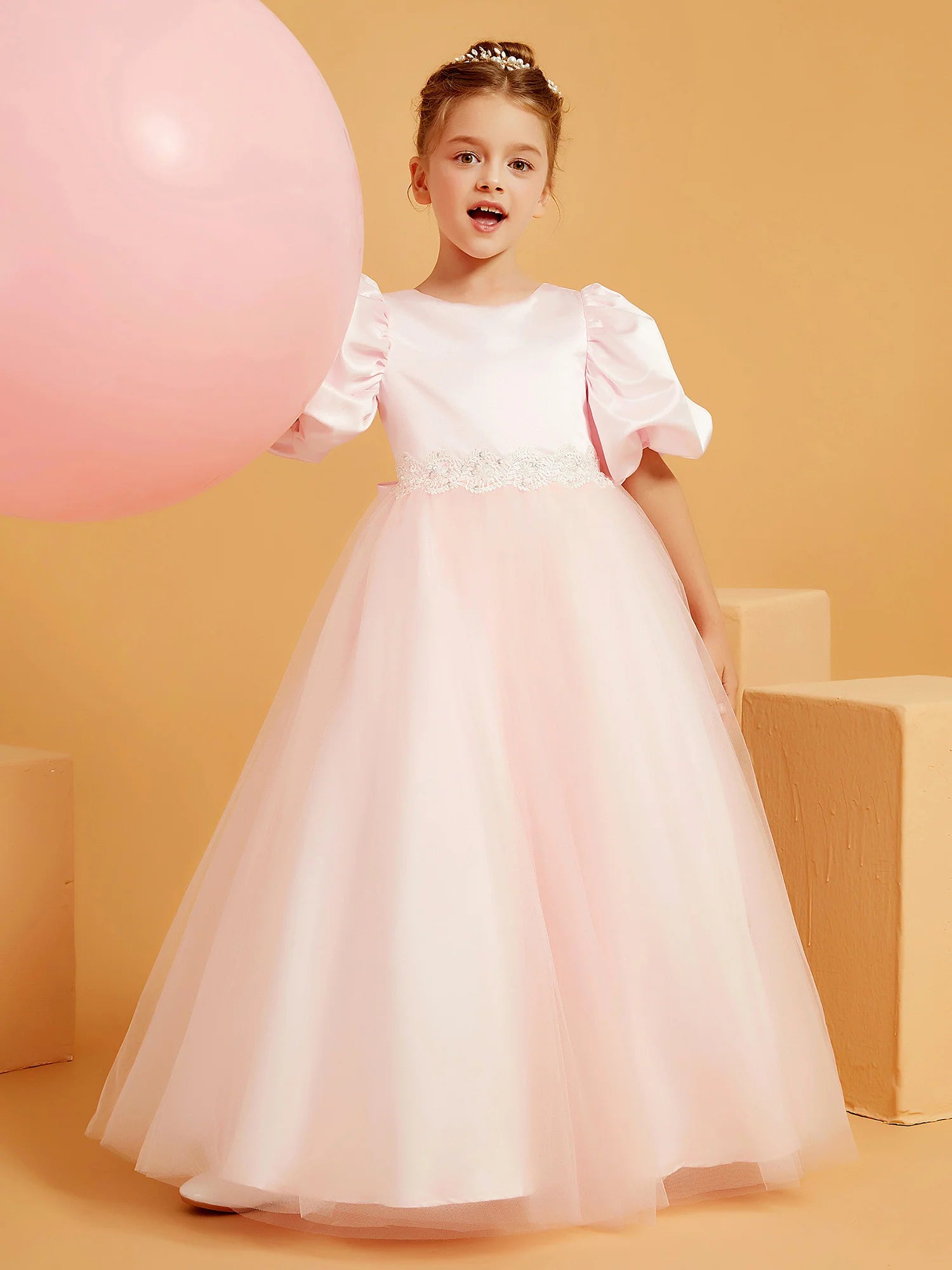 Puff Sleeve Round Neck V Back Lace Waist Big Bow Blush Pink Tulle Floor Length Flower Girl Dresses