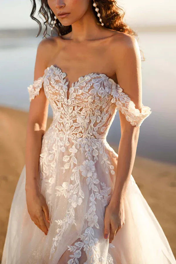 Radiant Off-the-Shoulder Sweetheart A-Line Floor-Length Wedding Dress