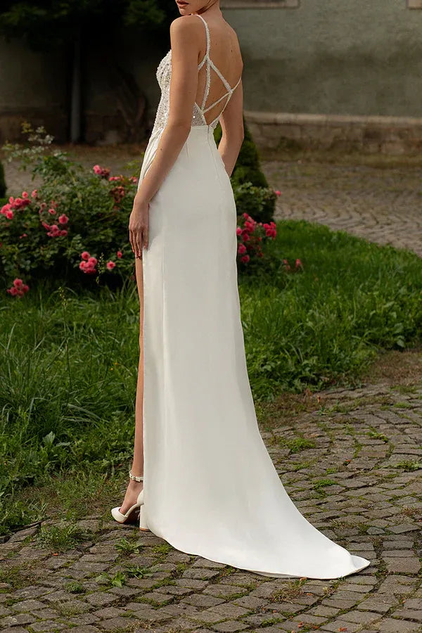 Radiant Plunging Spaghetti-Strap Mermaid Floor-Length Wedding Dress