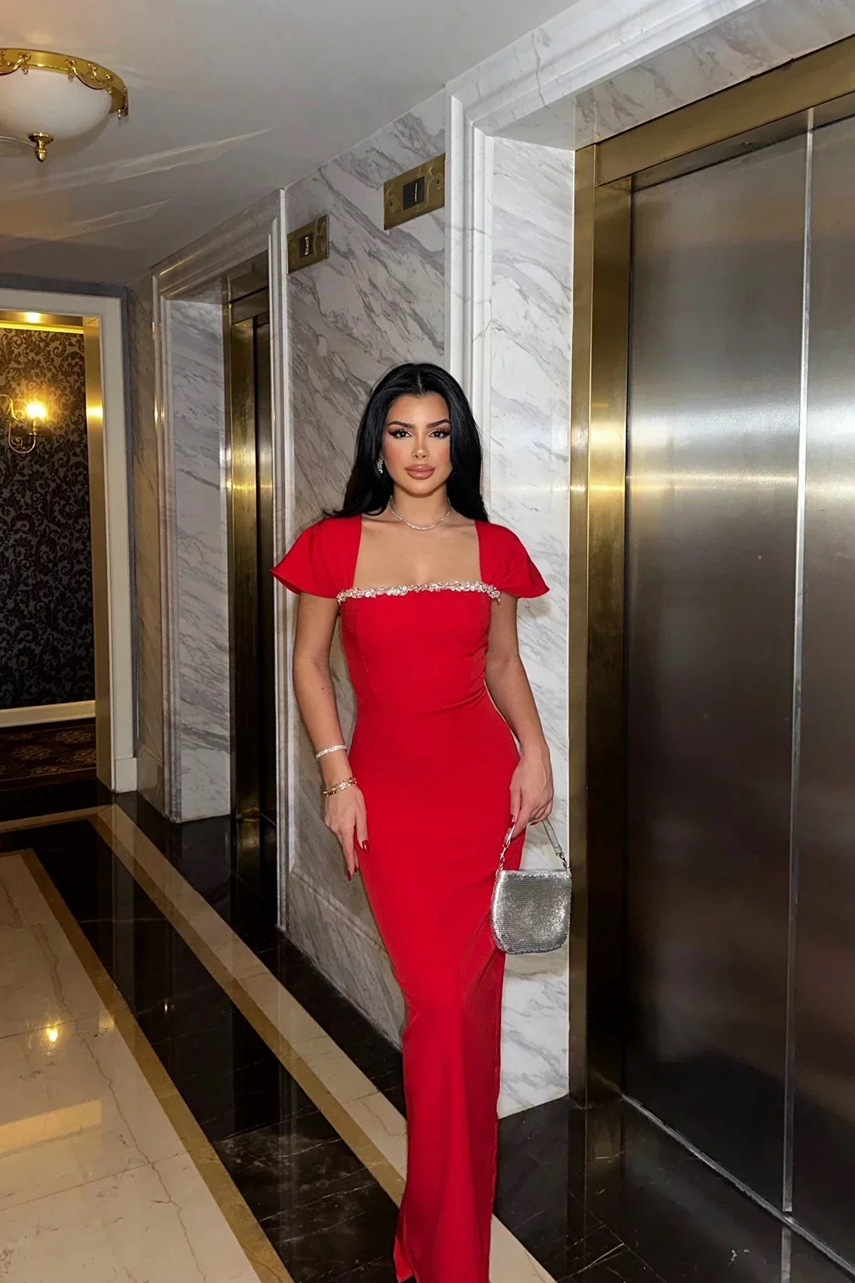 Red Floor-Length Short-Sleeve Rhinestone-Trimmed Mermaid Wedding Guest Dress