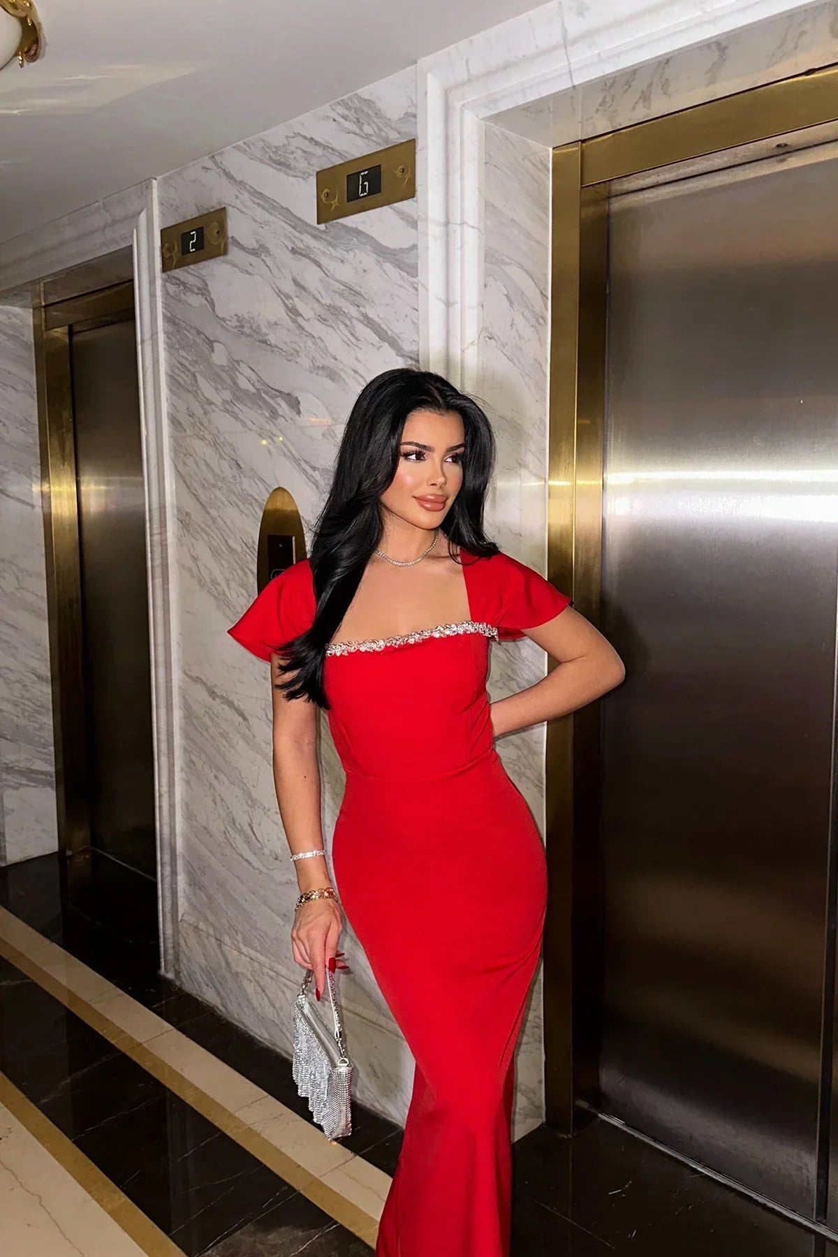 Red Floor-Length Short-Sleeve Rhinestone-Trimmed Mermaid Wedding Guest Dress