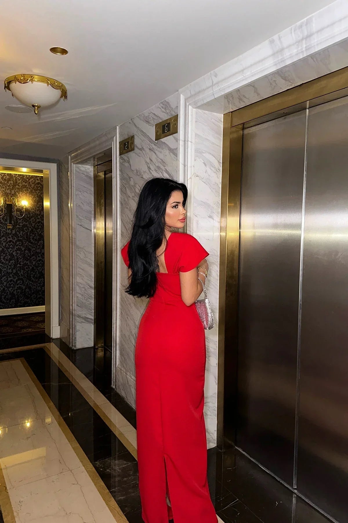 Red Floor-Length Short-Sleeve Rhinestone-Trimmed Mermaid Wedding Guest Dress