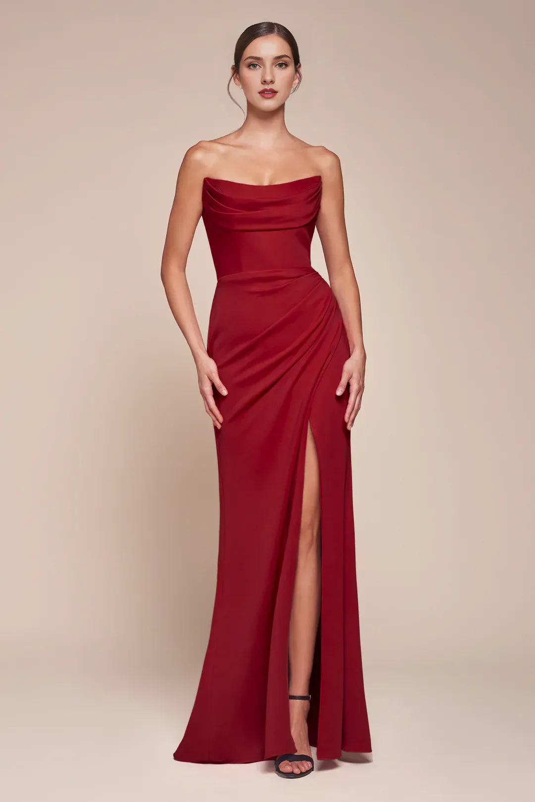 Red Floor-Length Strapless Cowl-Neck Lace-Up-Back High-Slit Mermaid Wedding Guest Dress