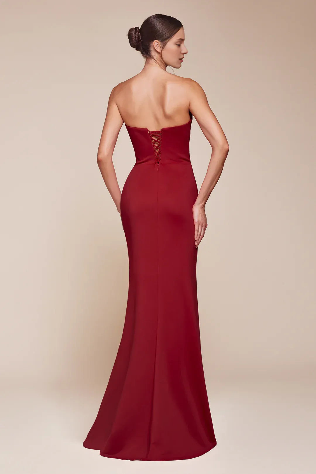 Red Floor-Length Strapless Cowl-Neck Lace-Up-Back High-Slit Mermaid Wedding Guest Dress