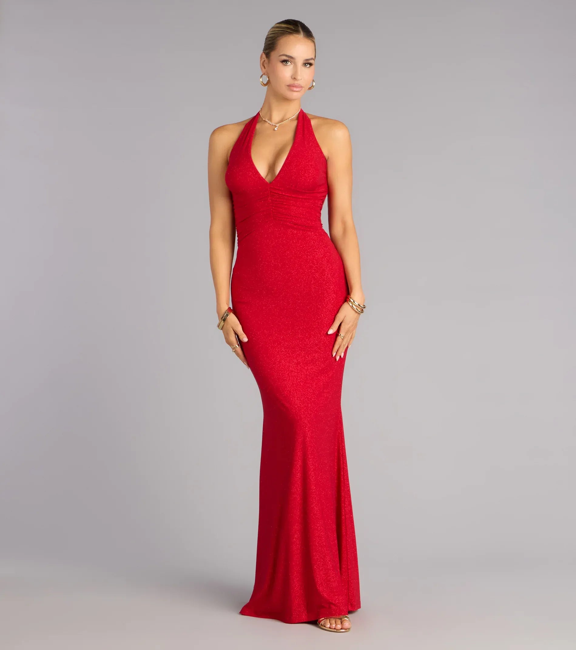 Red Glitter Halter Deep V Crisscross Back Mermaid Floor Length Wedding Guest Dresses