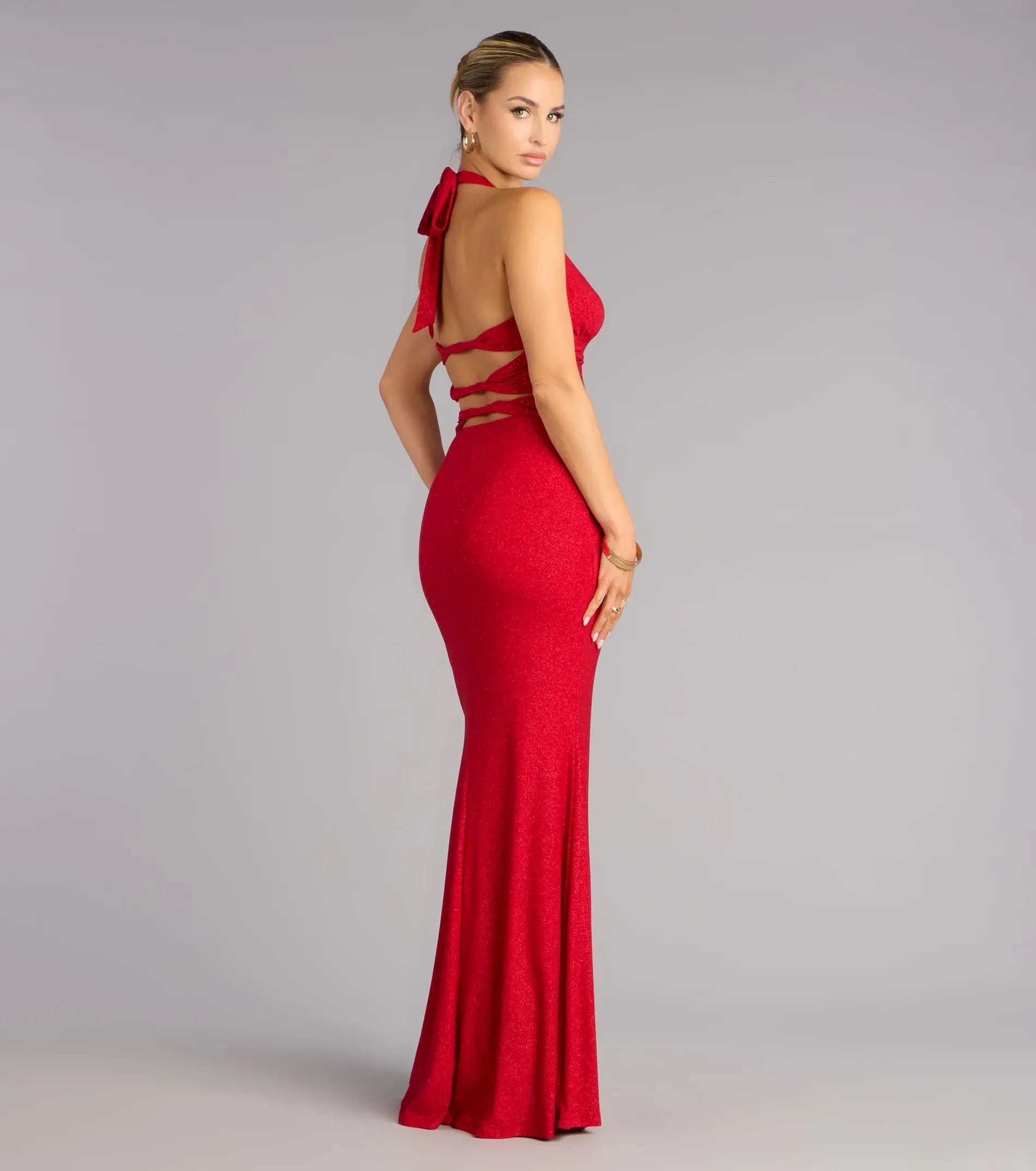 Red Glitter Halter Deep V Crisscross Back Mermaid Floor Length Wedding Guest Dresses