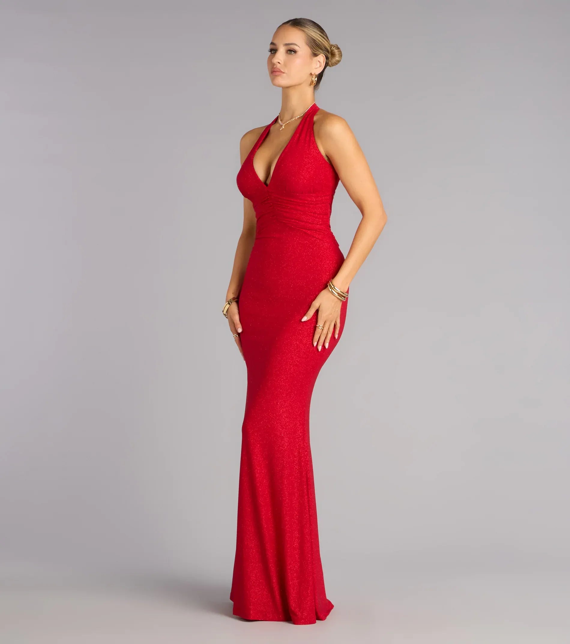 Red Glitter Halter Deep V Crisscross Back Mermaid Floor Length Wedding Guest Dresses