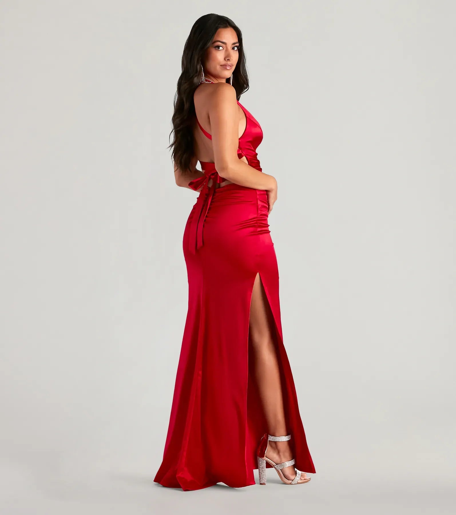 Red Halter Deep V Crisscross Tie Back High Slit Mermaid Maxi Wedding Guest Dress