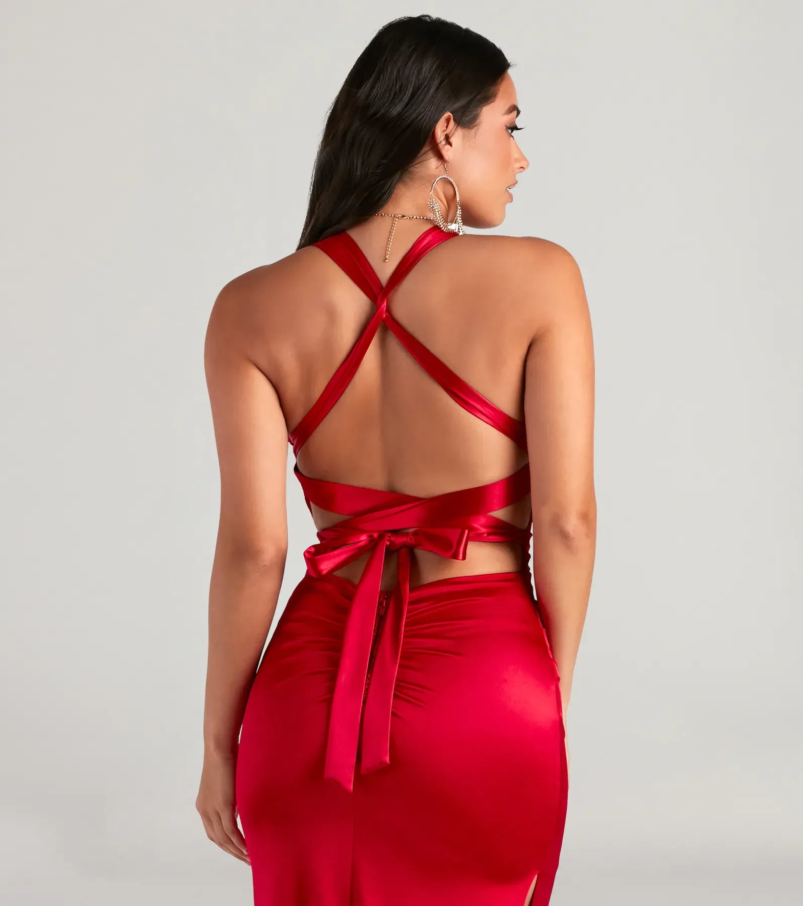 Red Halter Deep V Crisscross Tie Back High Slit Mermaid Maxi Wedding Guest Dress