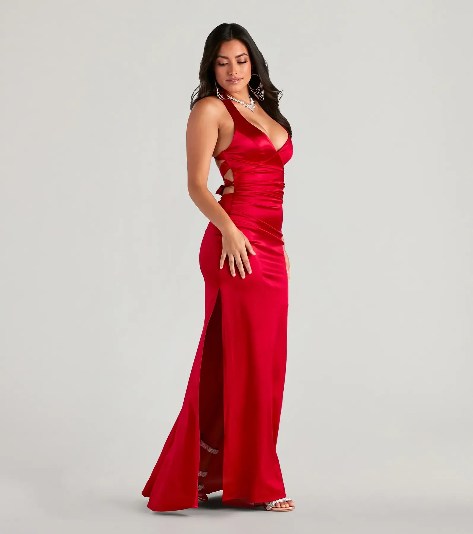 Red Halter Deep V Crisscross Tie Back High Slit Mermaid Maxi Wedding Guest Dress