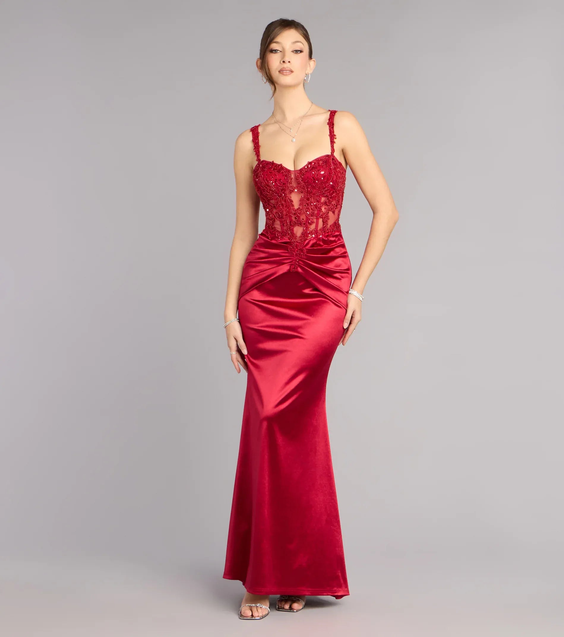 Red Lace Corset Ruched Satin Mermaid Maxi Wedding Guest Dresses