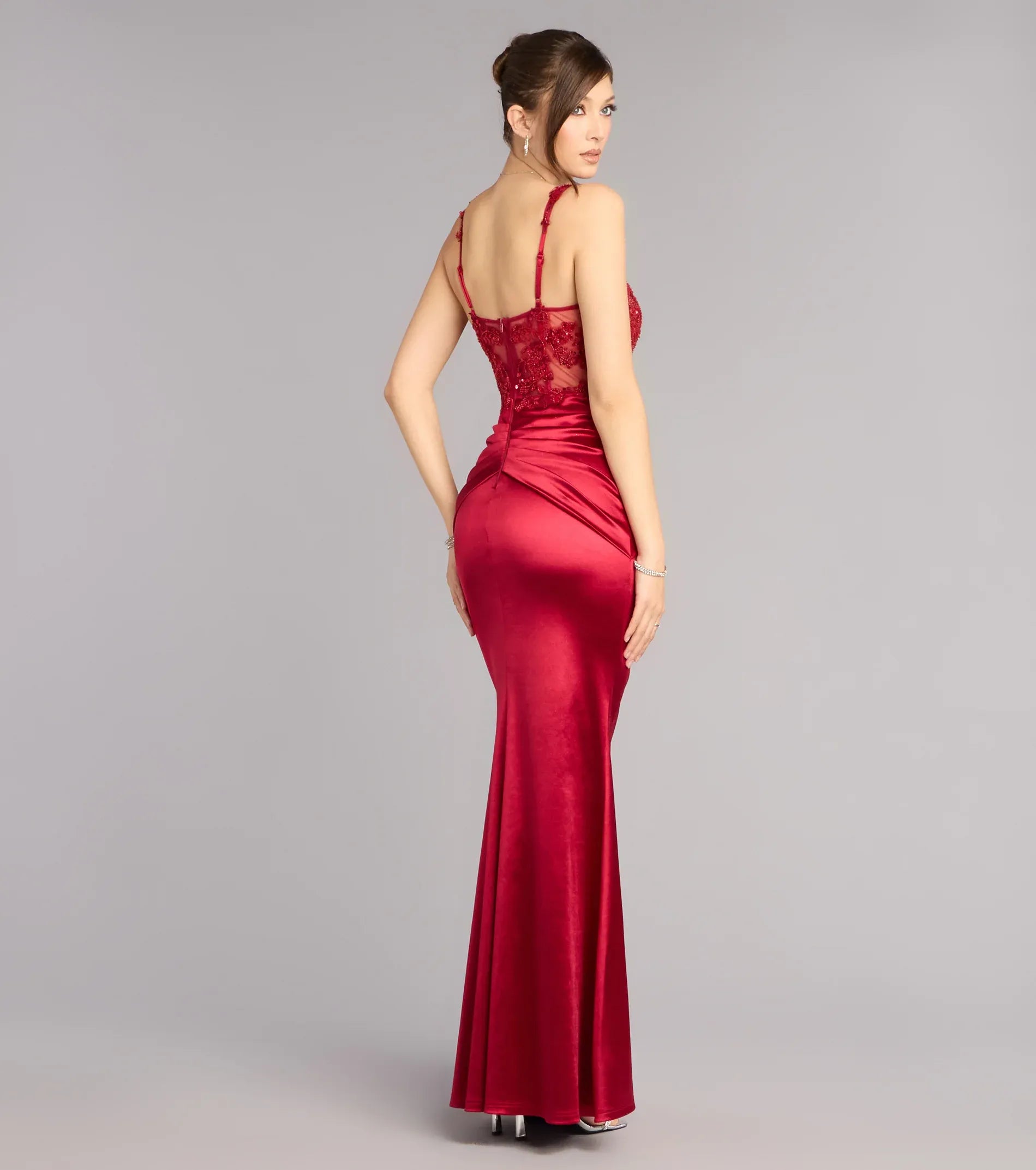 Red Lace Corset Ruched Satin Mermaid Maxi Wedding Guest Dresses