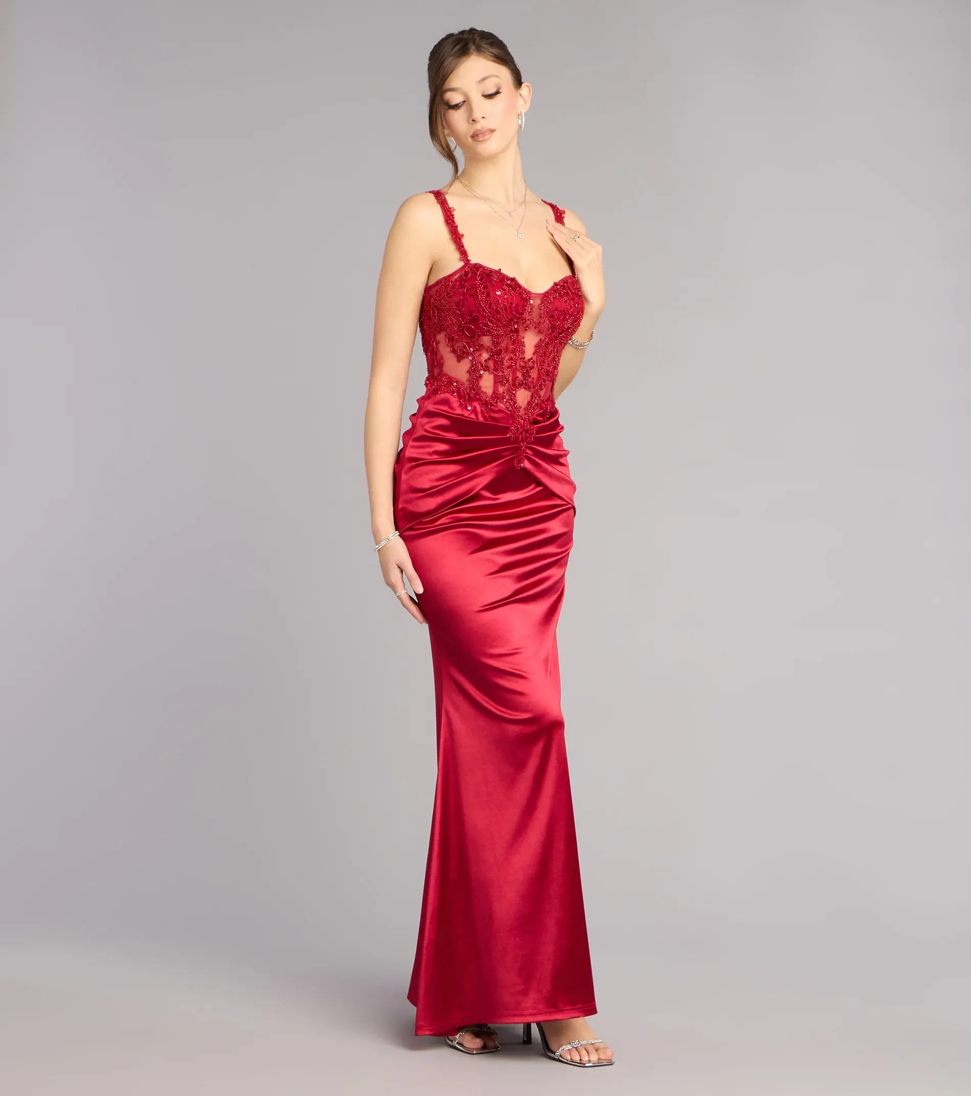 Red Lace Corset Ruched Satin Mermaid Maxi Wedding Guest Dresses
