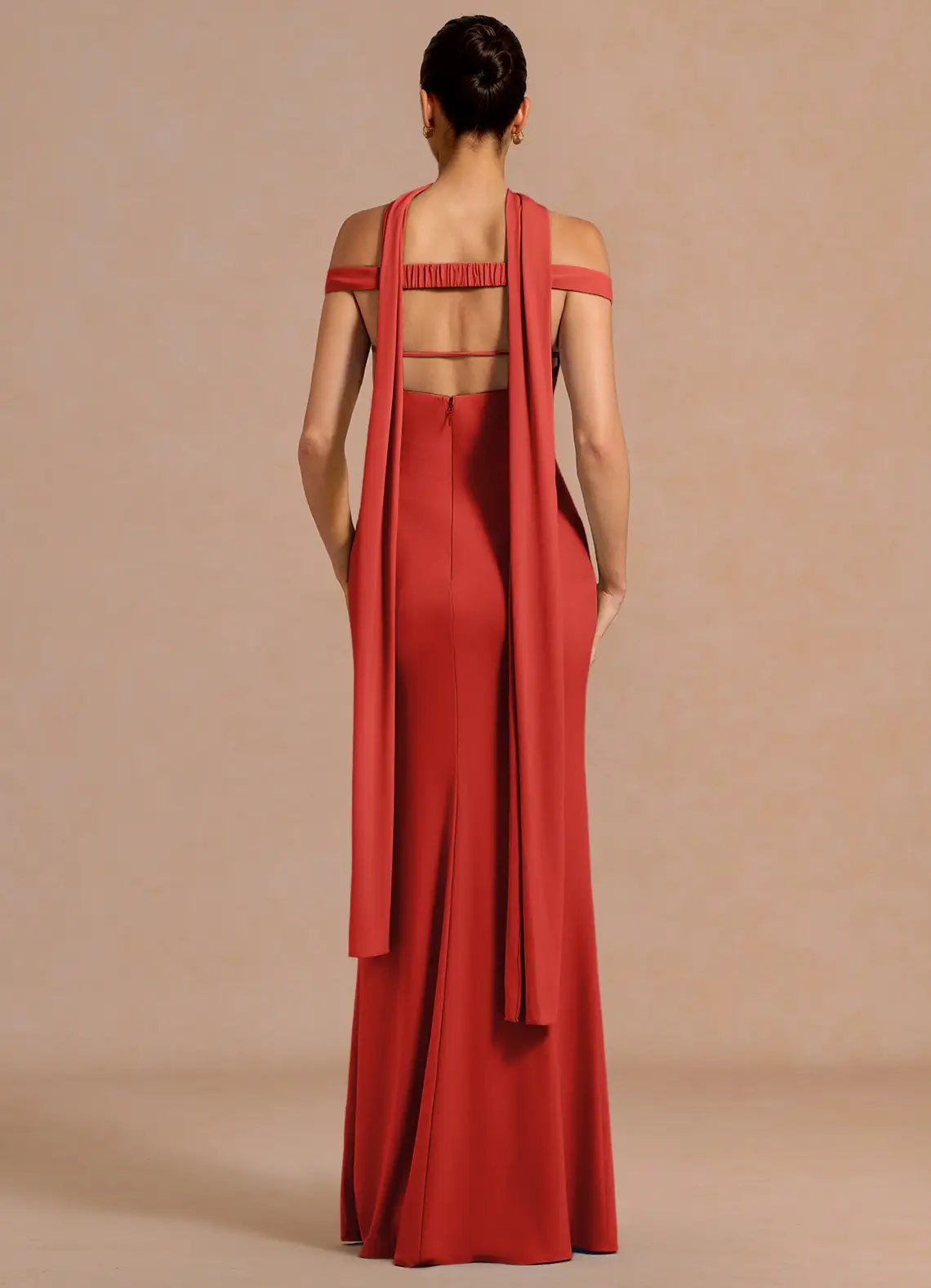 Red Off Shoulder Convertible Halter Long Sash Mermaid Maxi Formal Dress