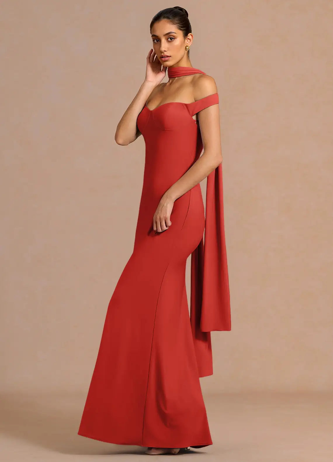 Red Off Shoulder Convertible Halter Long Sash Mermaid Maxi Formal Dress