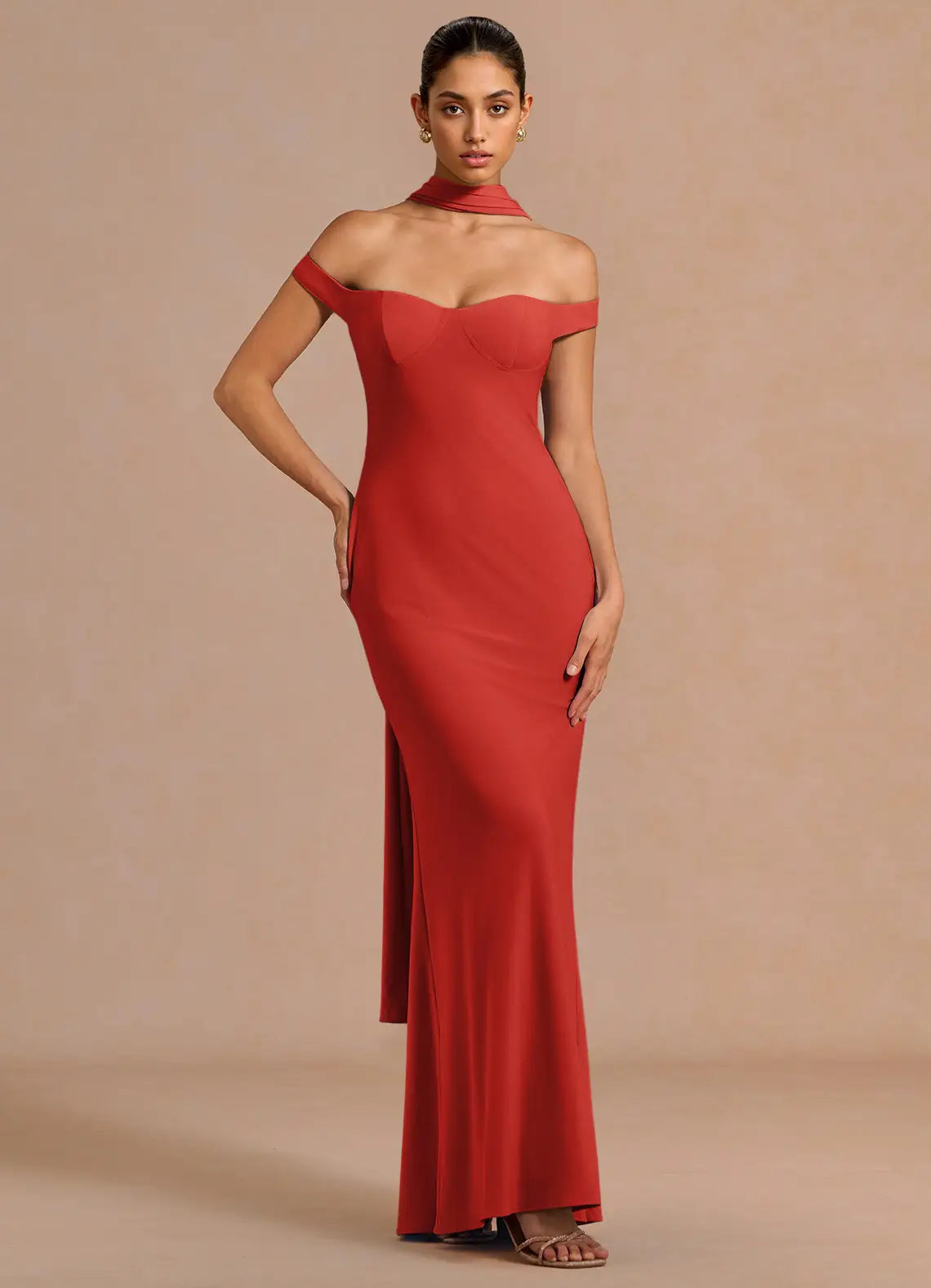 Red Off Shoulder Convertible Halter Long Sash Mermaid Maxi Formal Dress