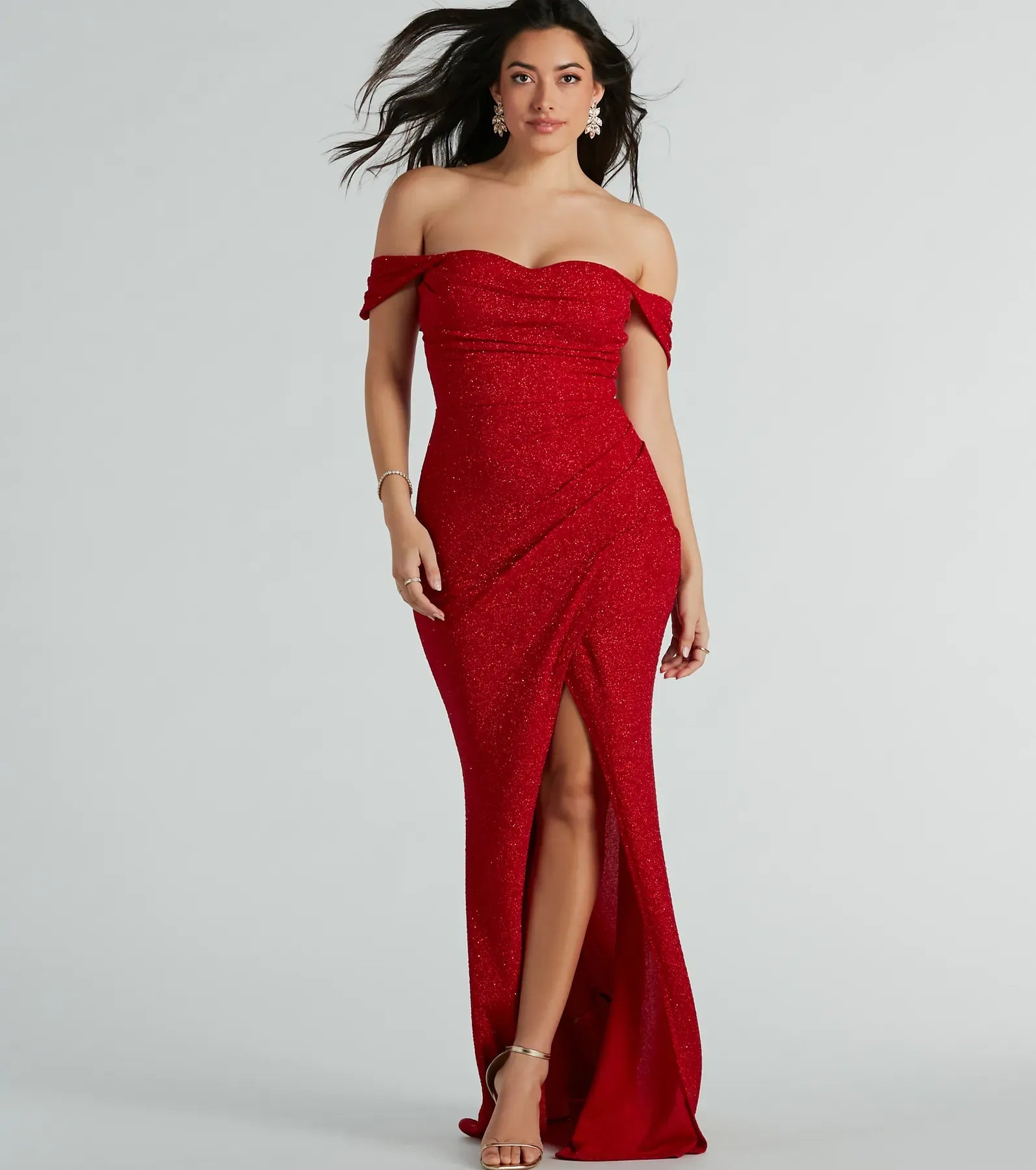 Red Off-The-Shoulder Ruched High Slit Glitter Mermaid Maxi Wedding Guest Dresses