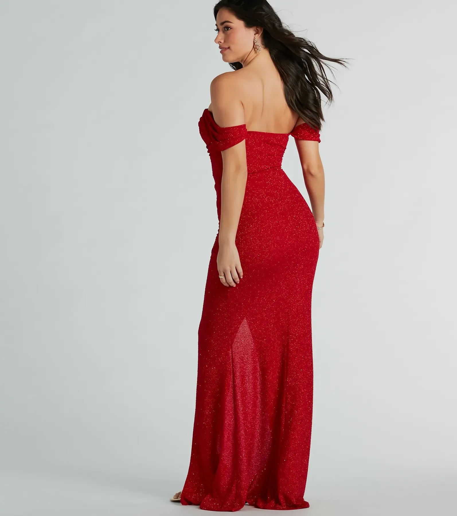 Red Off-The-Shoulder Ruched High Slit Glitter Mermaid Maxi Wedding Guest Dresses