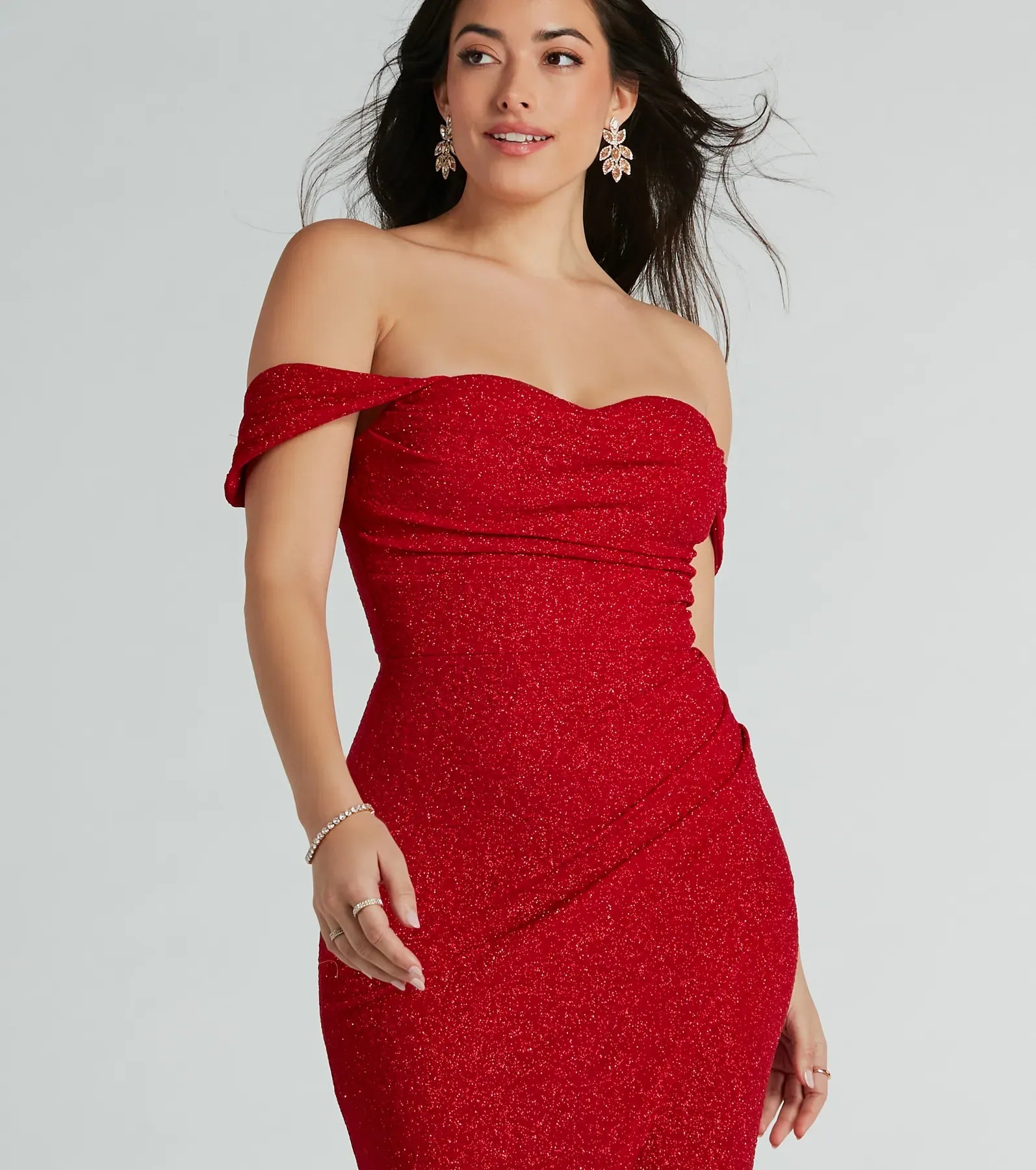 Red Off-The-Shoulder Ruched High Slit Glitter Mermaid Maxi Wedding Guest Dresses