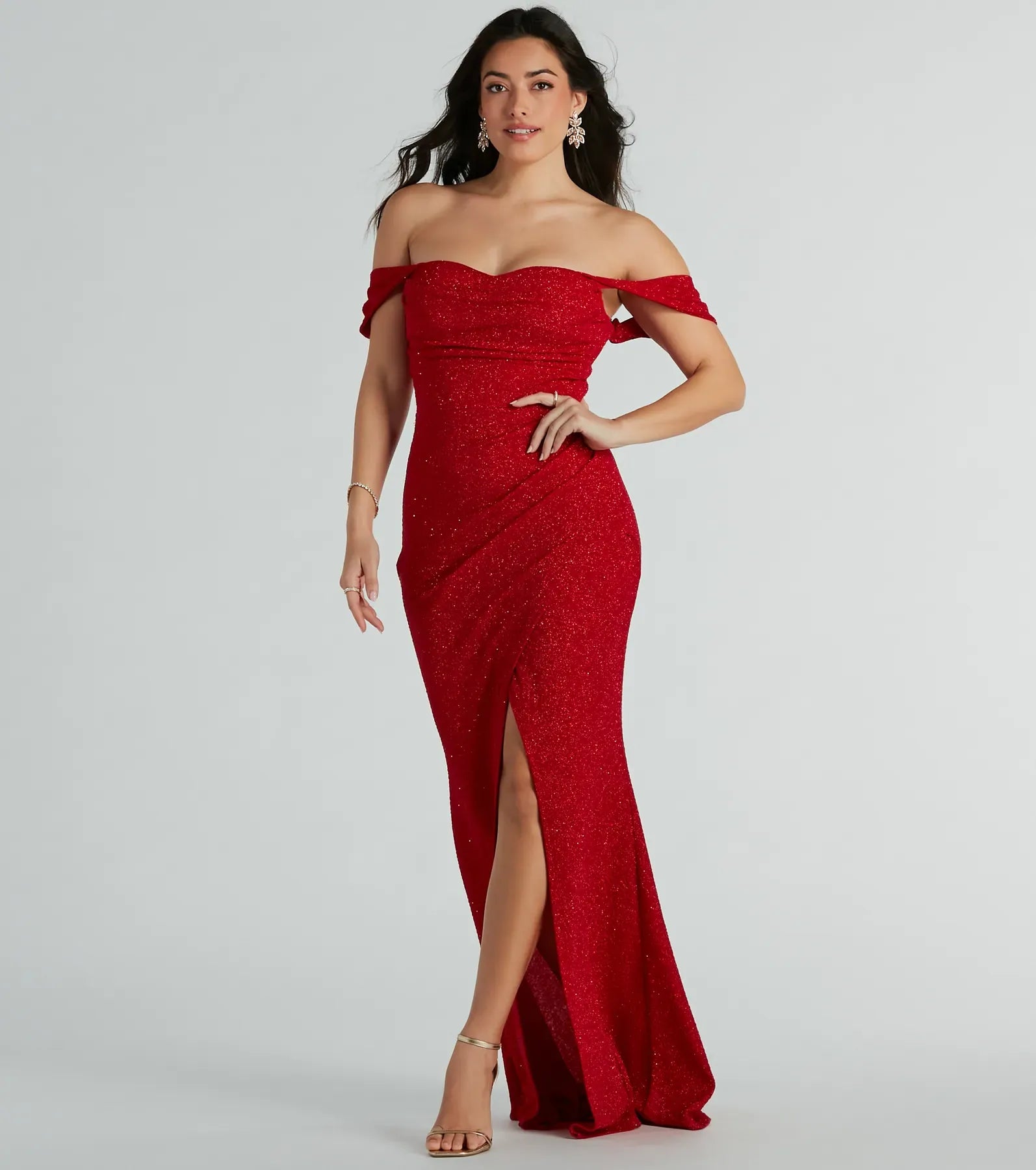 Red Off-The-Shoulder Ruched High Slit Glitter Mermaid Maxi Wedding Guest Dresses