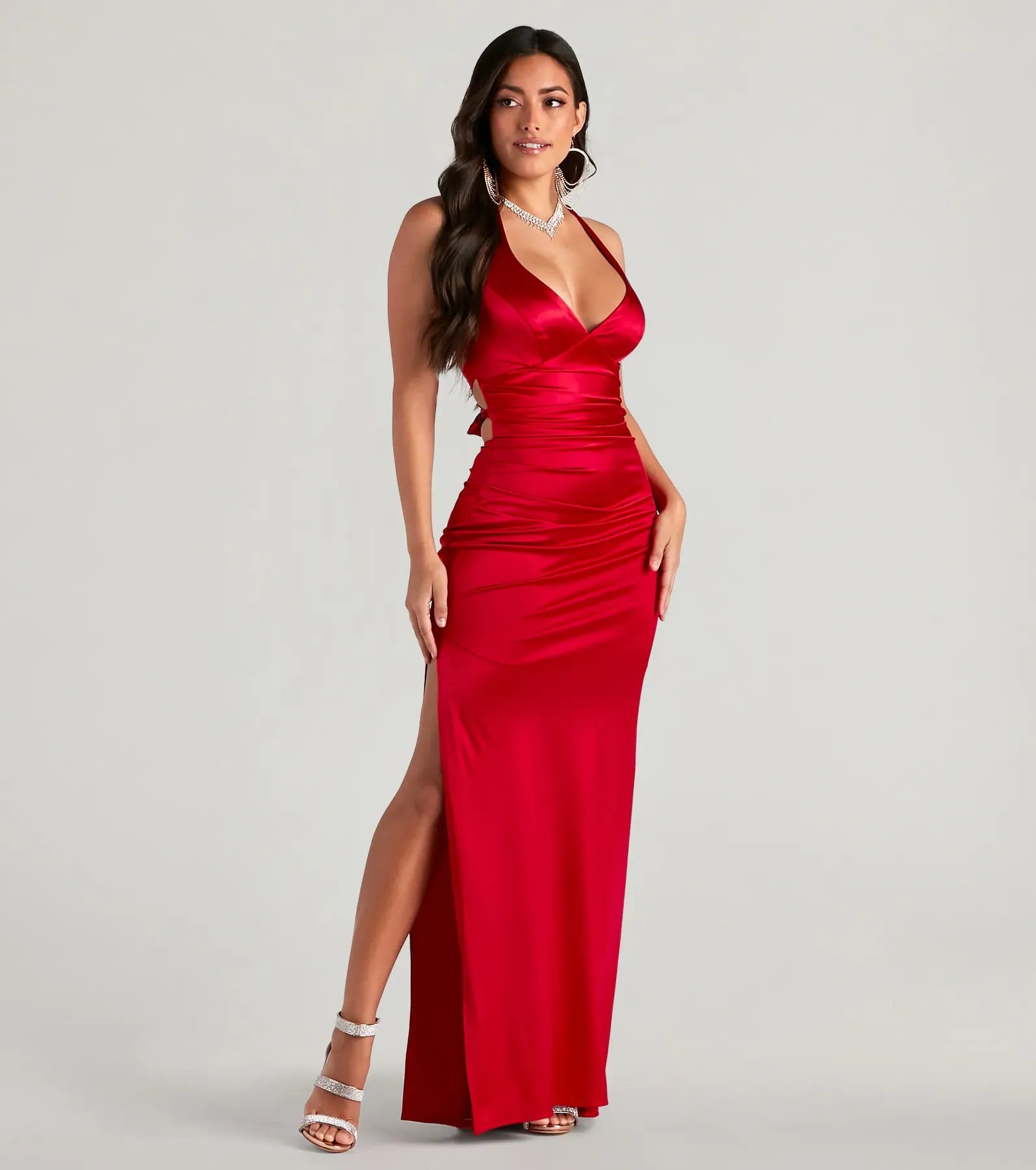 Red Satin Mermaid Halter Deep V Tie Back Ruched High Slit Floor Length Wedding Guest Dresses