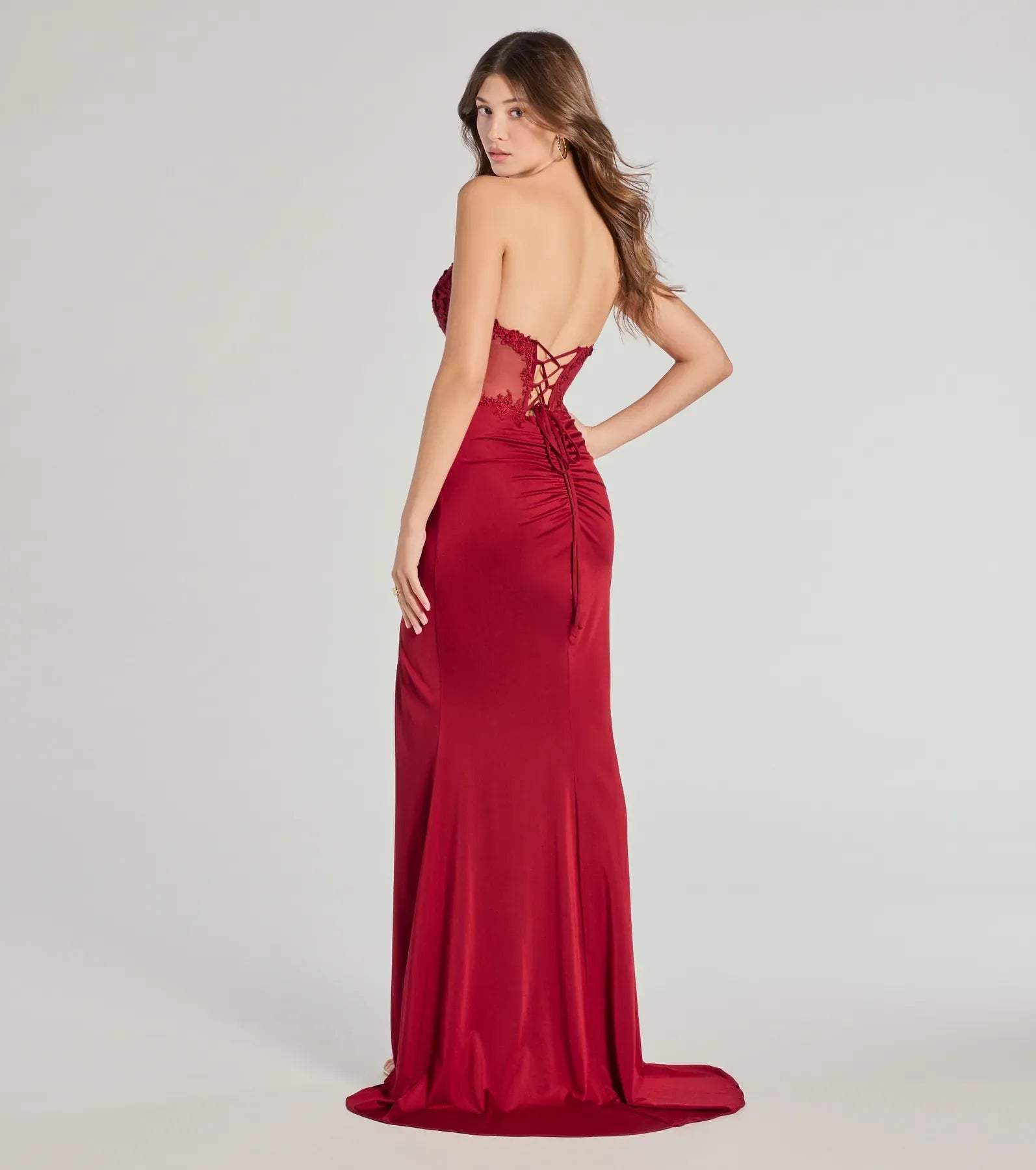 Red Satin Mermaid Strapless Lace Corset Lace Up Back Ruched High Slit Train Floor Length Wedding Guest Dresses