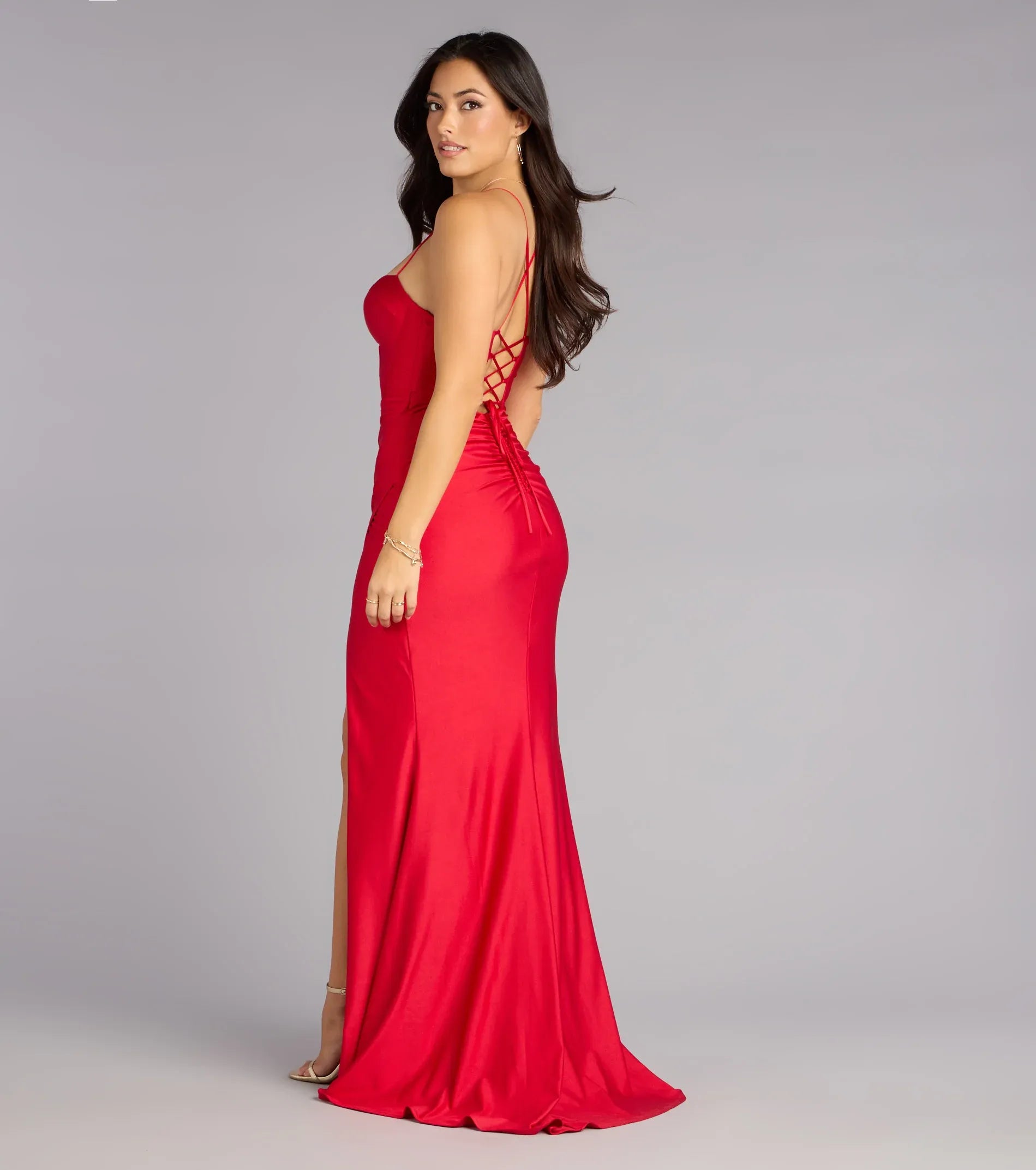 Red Spaghetti Strap Corset Lace-Up Back Ruched High Slit Satin Mermaid Maxi Wedding Guest Dresses
