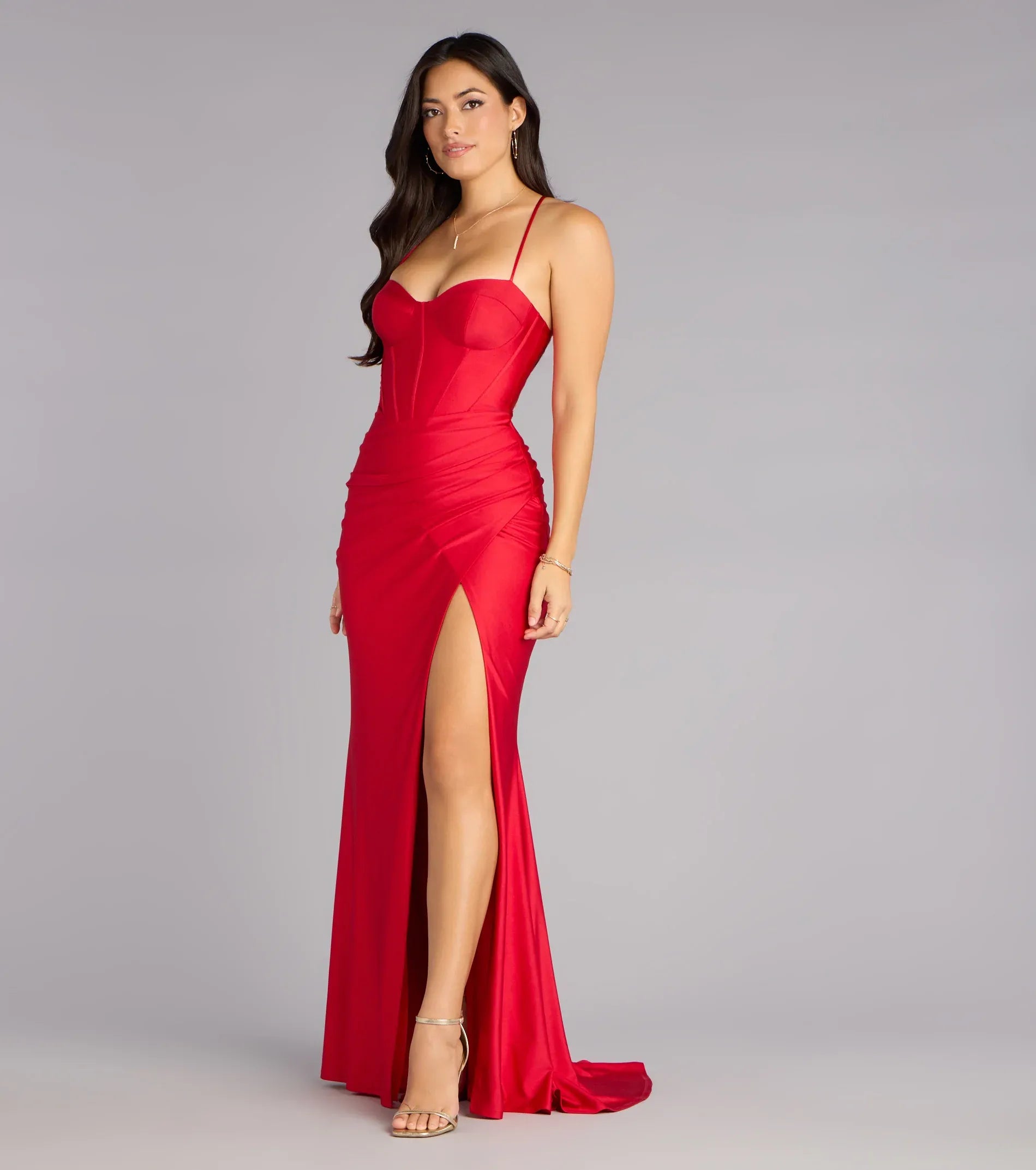 Red Spaghetti Strap Corset Lace-Up Back Ruched High Slit Satin Mermaid Maxi Wedding Guest Dresses