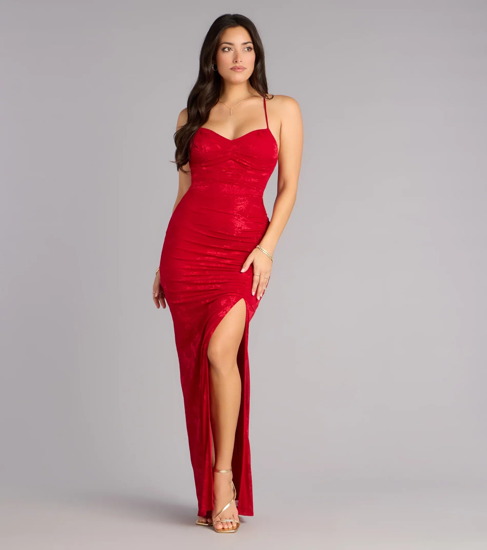 Red Spaghetti Strap Sweetheart Ruched Lace-Up Back High Slit Mermaid Maxi Wedding Guest Dress