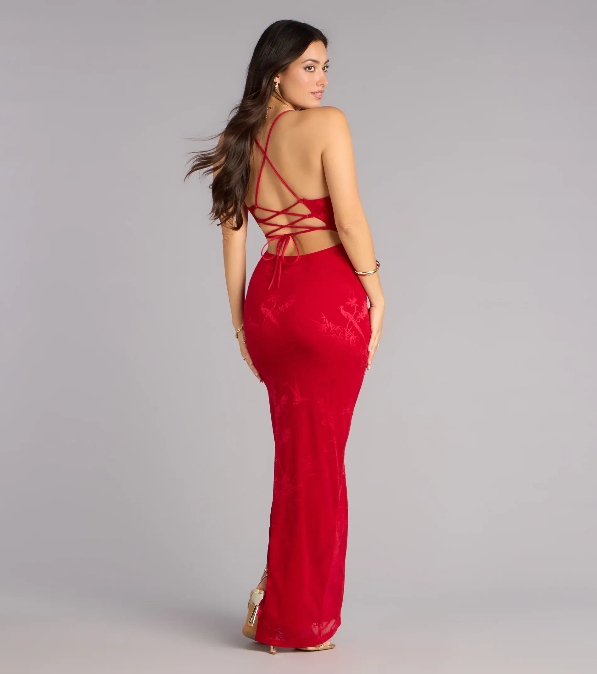Red Spaghetti Strap Sweetheart Ruched Lace-Up Back High Slit Mermaid Maxi Wedding Guest Dress