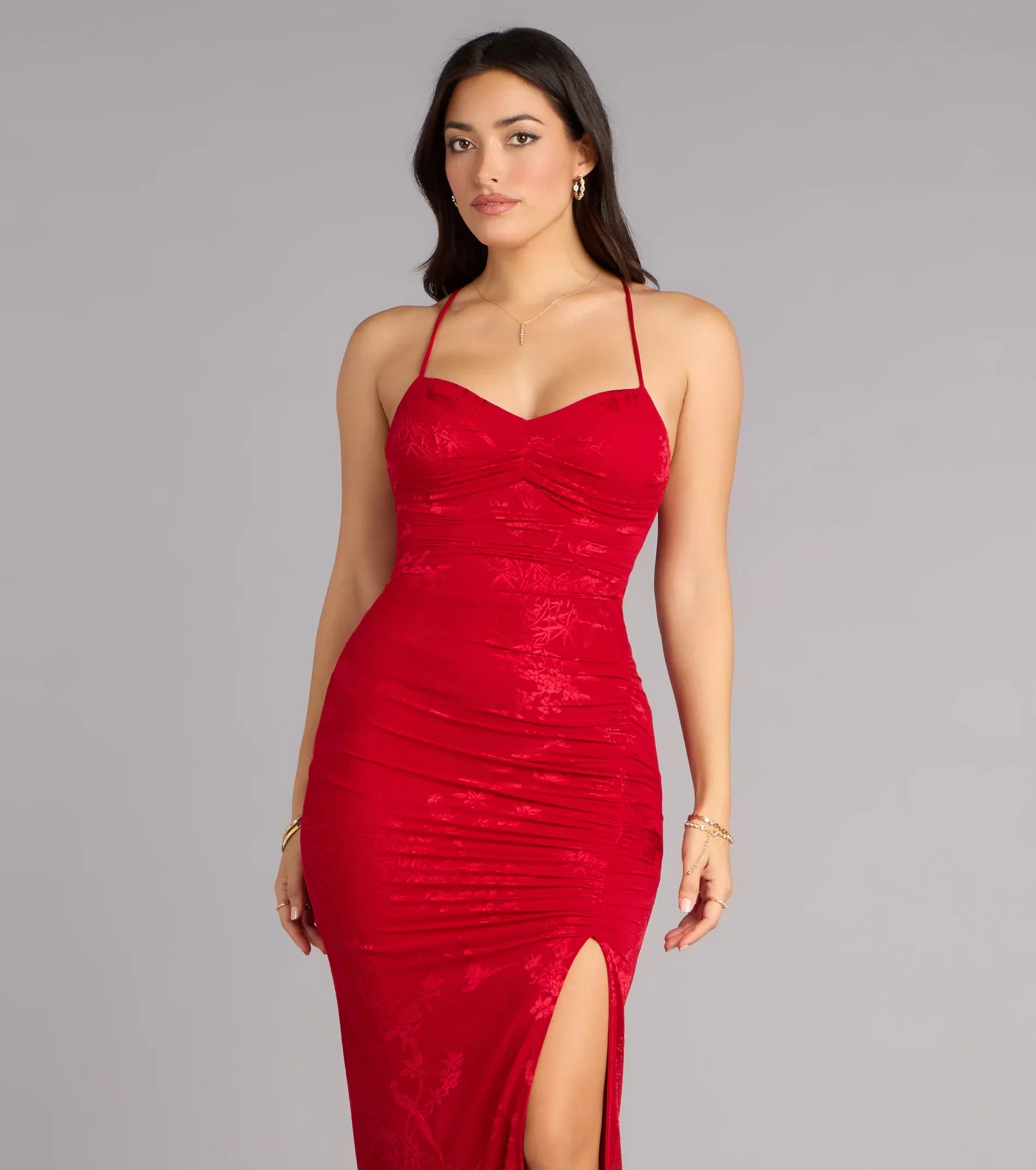 Red Spaghetti Strap Sweetheart Ruched Lace-Up Back High Slit Mermaid Maxi Wedding Guest Dress