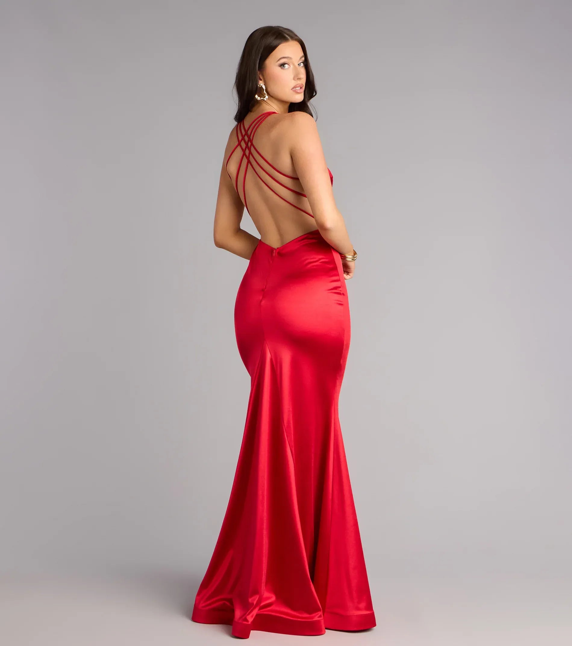 Red Spaghetti Strap V-Neck Lace-Up Back Satin Mermaid Maxi Wedding Guest Dress