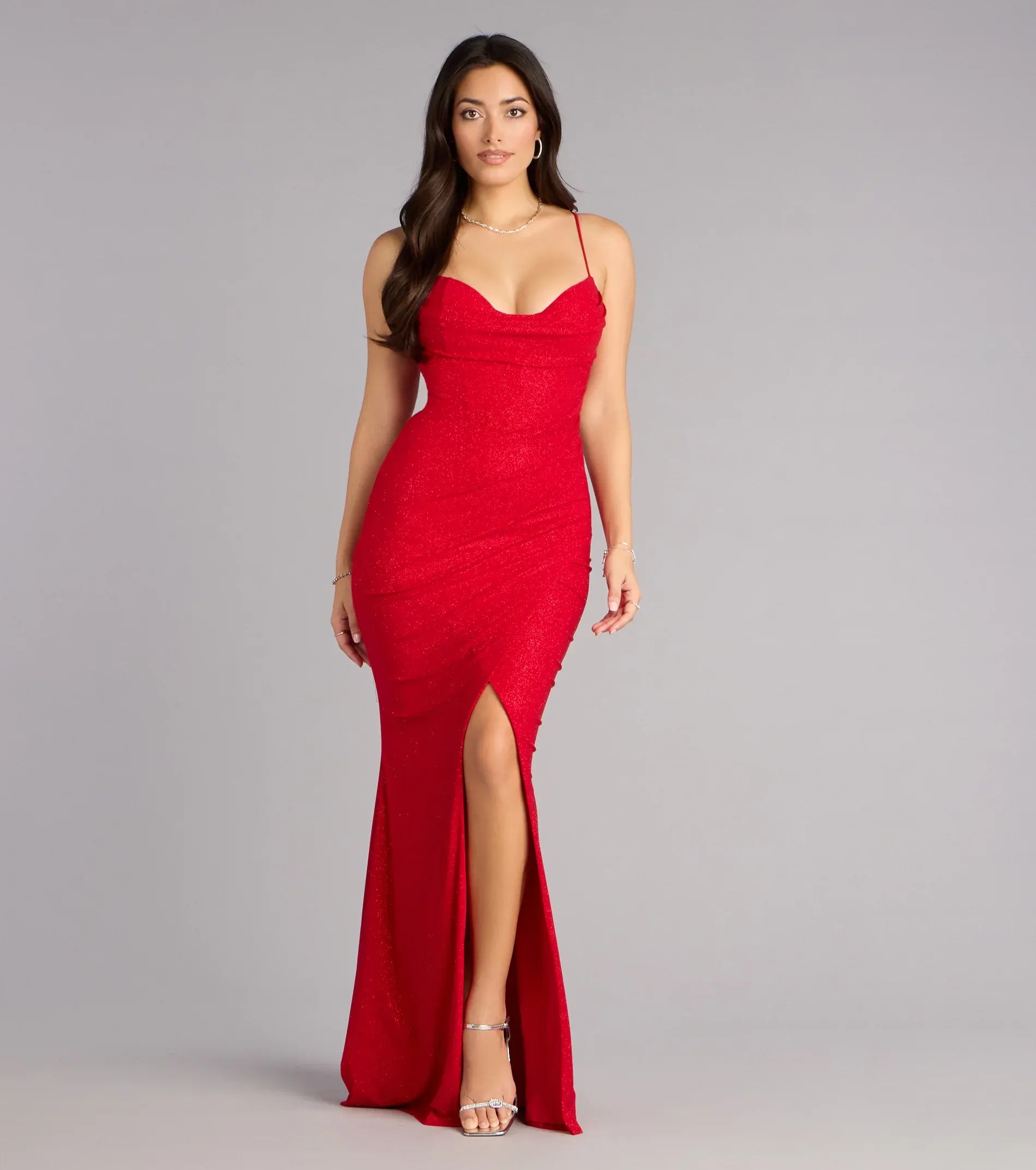 Red Thin Spaghetti Strap Cowl Neck Ruched High Slit Glitter Mermaid Maxi Wedding Guest Dress