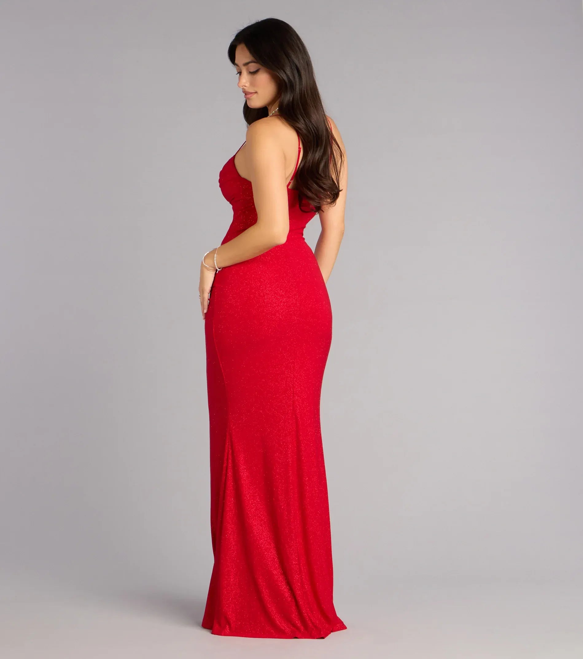 Red Thin Spaghetti Strap Cowl Neck Ruched High Slit Glitter Mermaid Maxi Wedding Guest Dress