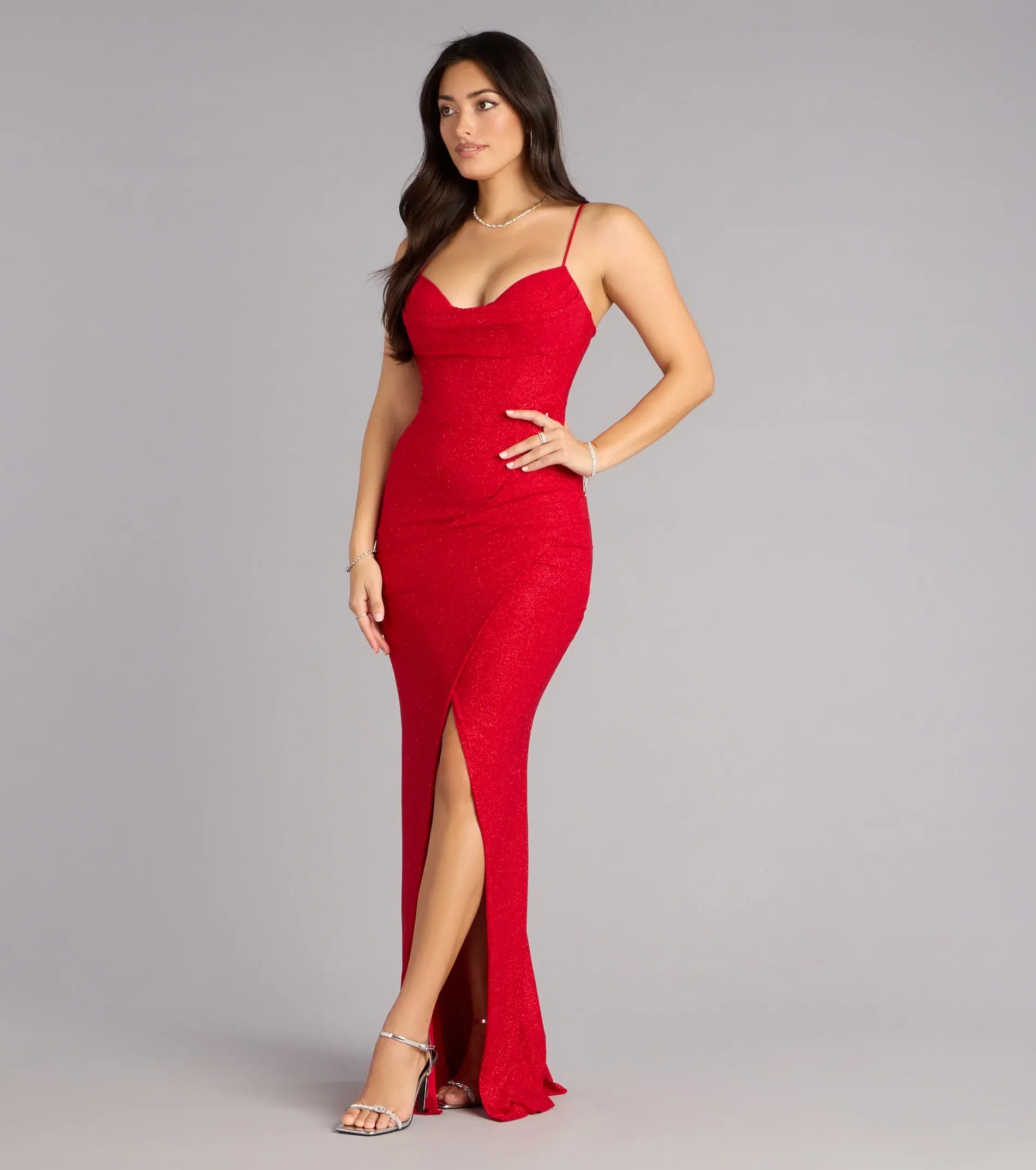 Red Thin Spaghetti Strap Cowl Neck Ruched High Slit Glitter Mermaid Maxi Wedding Guest Dress