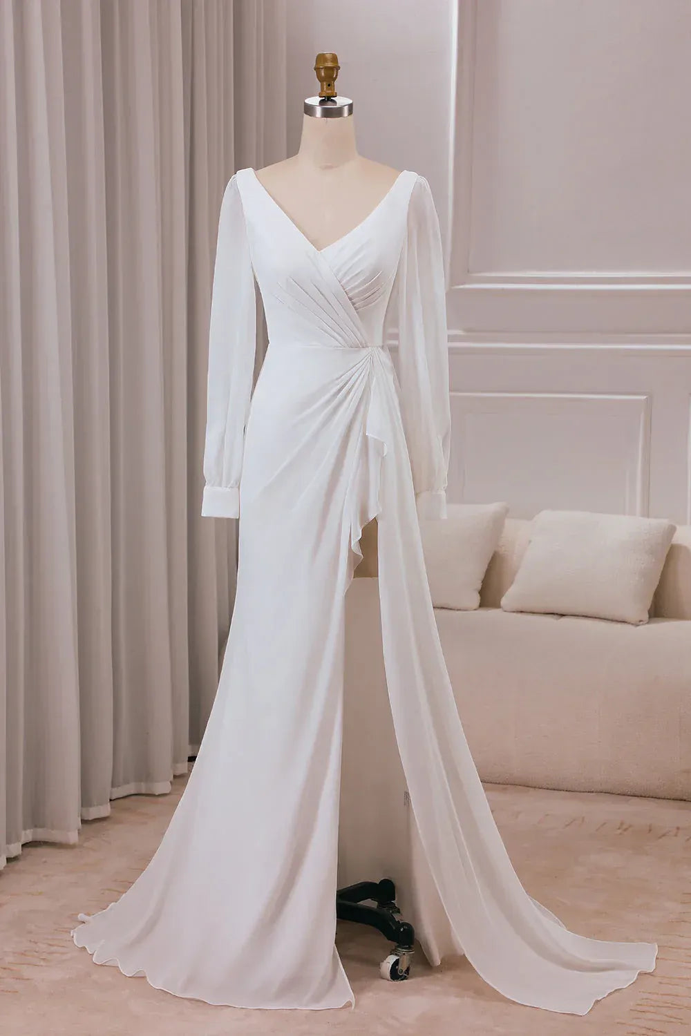 Refined Deep V Bishop Sleeve Pleated Chiffon Mermaid Wedding Dress With Side Ruffle Slit Long Train