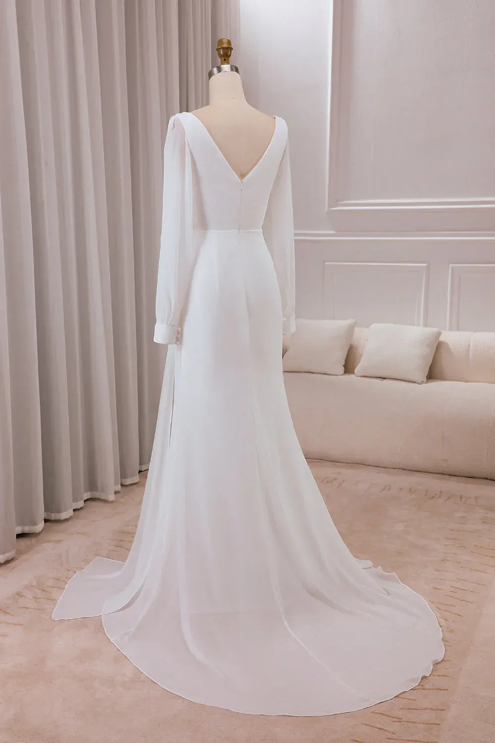 Refined Deep V Bishop Sleeve Pleated Chiffon Mermaid Wedding Dress With Side Ruffle Slit Long Train