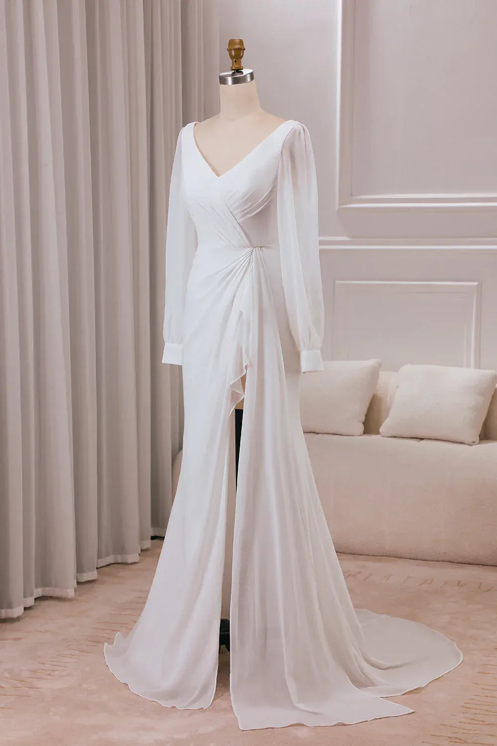 Refined Deep V Bishop Sleeve Pleated Chiffon Mermaid Wedding Dress With Side Ruffle Slit Long Train