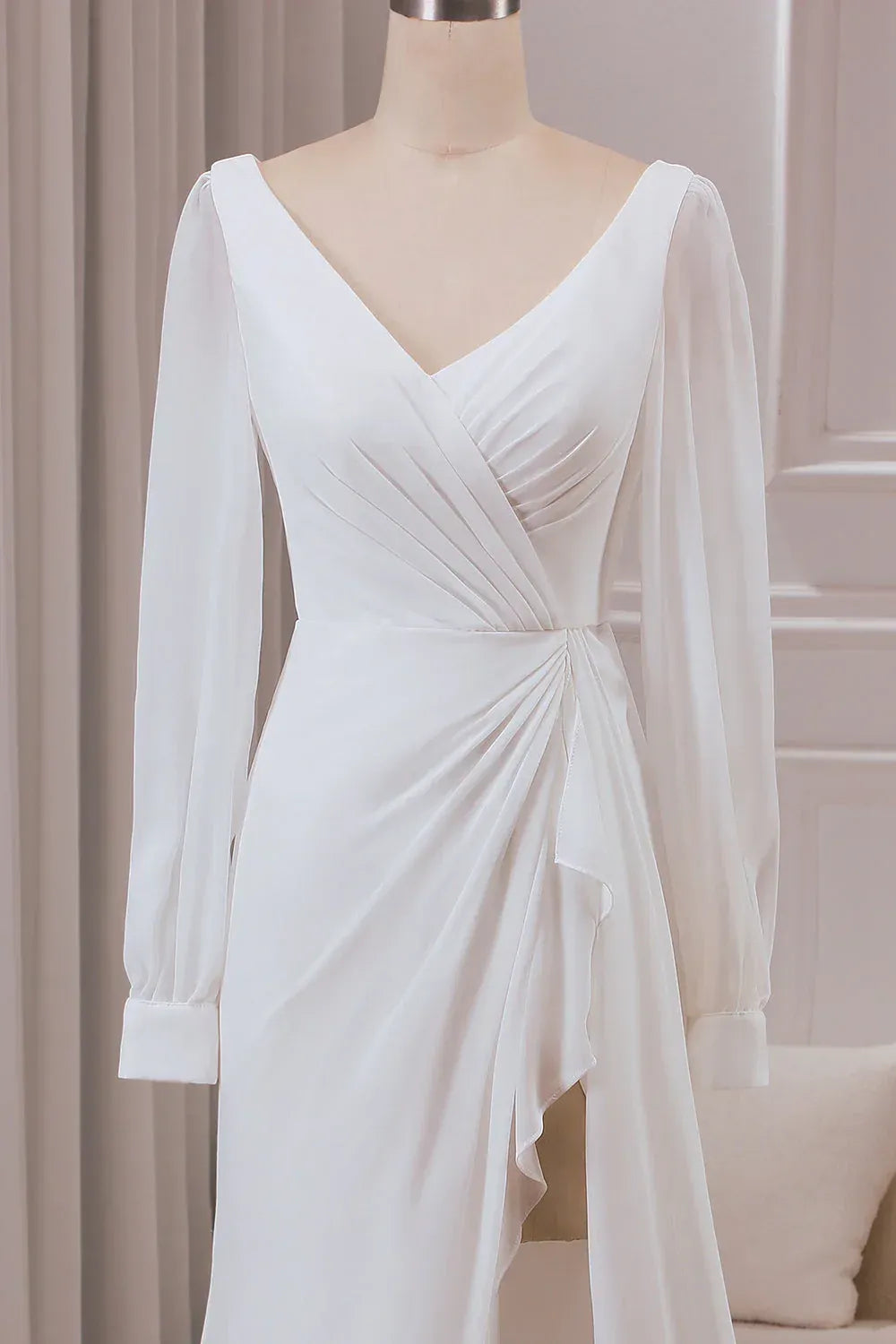 Refined Deep V Bishop Sleeve Pleated Chiffon Mermaid Wedding Dress With Side Ruffle Slit Long Train