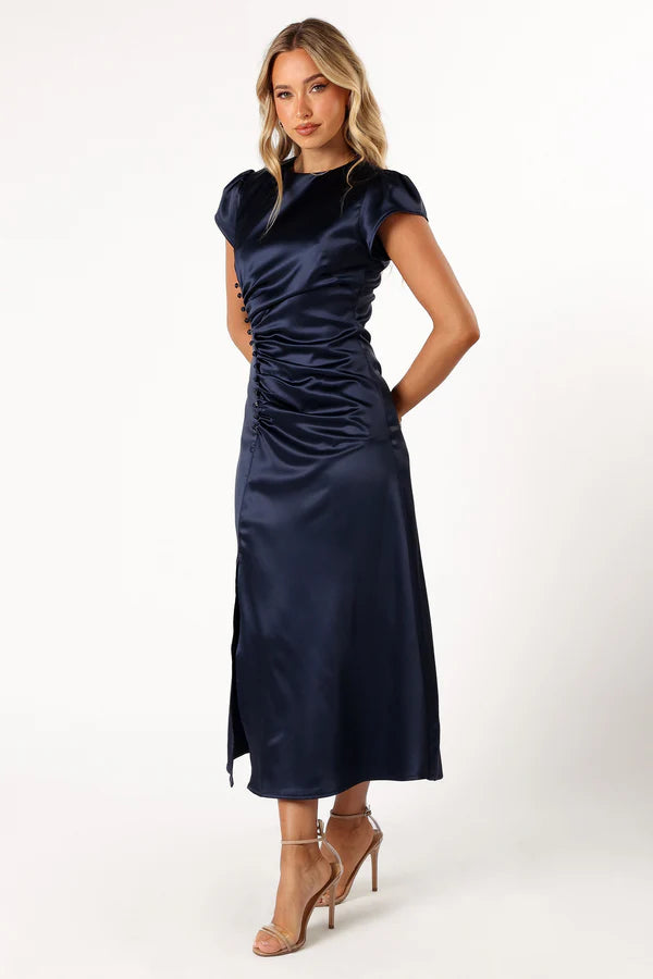 Refined Midi Round-Neck Ruched Cap-Sleeve Satin Wedding Guest Dress