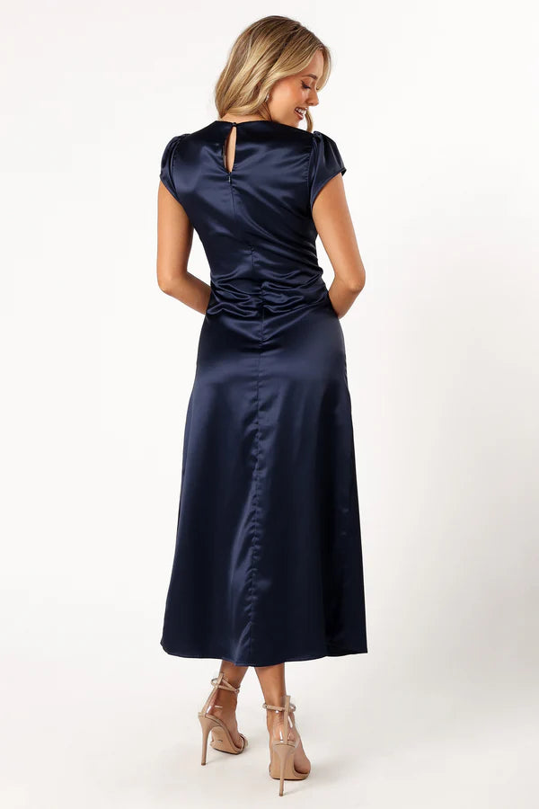 Refined Midi Round-Neck Ruched Cap-Sleeve Satin Wedding Guest Dress