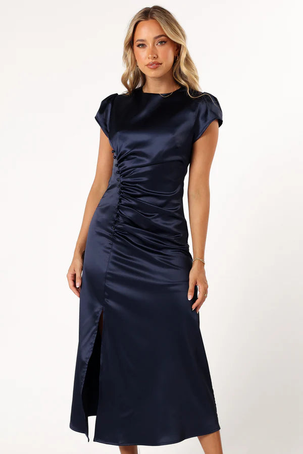 Refined Midi Round-Neck Ruched Cap-Sleeve Satin Wedding Guest Dress