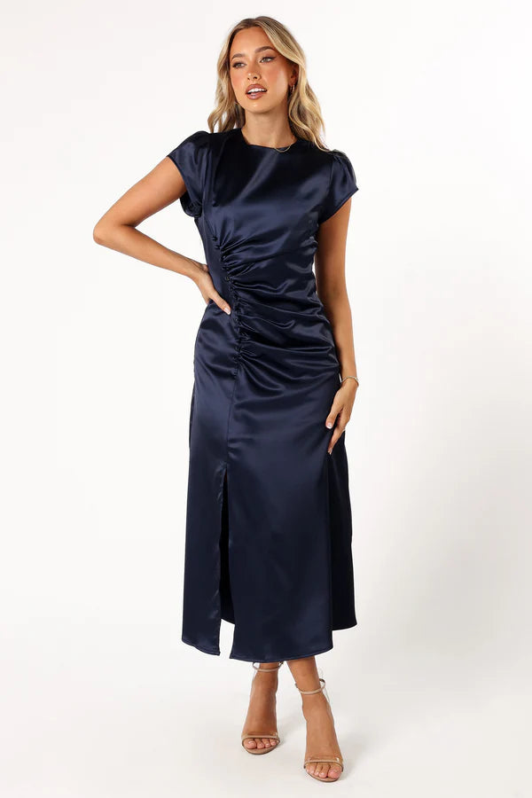 Refined Midi Round-Neck Ruched Cap-Sleeve Satin Wedding Guest Dress