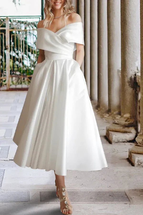 Refined Off-the-Shoulder Sweetheart Tea-Length Wedding Dress