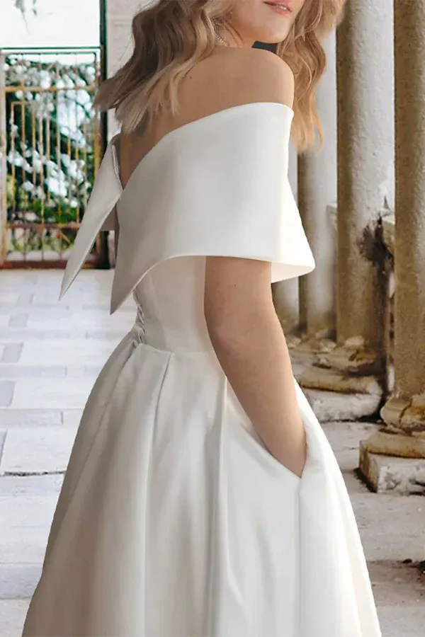 Refined Off-the-Shoulder Sweetheart Tea-Length Wedding Dress